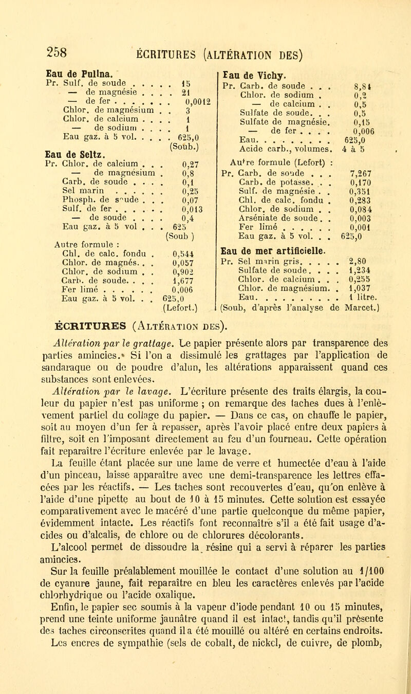 ÉCRITURES (ALTÉRATION DES) Eau de Pullna. Pr. Suif, de soude . . . — de magnésie . . — de fer Chlor. de magnésium Chlor. de calcium . . — de sodium . . Eau gaz. à 5 vol. . . Eau de Seltz. Pr. Chlor. de calcium — de magnésium Garb. de soude . . Sel marin .... Phosph. de snude . Suif, de fer . . . . — de soude . . Eau gaz. à 5 vol . Autre formule : Ghl. de cale, fondu Chlor. de magnés. . Chlor. de sodium . Carb. de soude. . . Fer limé Eau gaz. à 5 vol. . . 15 . 21 0,0012 . 3 1 . 1 . 625,0 (Soub.) 0,27 0,8 0,1 0,25 0,07 0,013 0,4 (Soub ) 0,544 0,057 0,902 1,677 0,006 625,0 (Lefort.) Eau de Vichy. Pr. Carb. de soude . . Chlor. de sodium . — de calcium . Sulfate de soude. . Sulfate de magnésie — de fer . . . Eau Acide carb., volumes Au^re formule (Lefort) Pr. Carb. de soude . . Carb. de potasse. . Suif, de magnésie . Chl. de cale, fondu Chlor. de sodium . Arséniate de soude. Fer limé Eau gaz. à 5 vol. . Eau de mer artificielle. Pr. Sel mirin gris. . . Sulfate de soude. . Chlor. de calcium . Chlor. de magnésium Eau 8,84 0,2 0,5 0,5 0,15 0,006 625,0 4 à 5 7,267 0,170 0,351 0,283 0,084 0,003 0,001 625,0 2,80 1,234 0,255 1,037 1 litre. (Soub, d'après l'analyse de Marcet. ÉCRITURES (Altération des). Altération par le grattage. Le papier présente alors par transparence des parties amincies.» Si l'on a dissimulé les grattages par l'application de sandaraque ou de poudre d'alun, les altérations apparaissent quand ces substances sont enlevées. Altération par le lavage. L'écriture présente des traits élargis, la cou- leur du papier n'est pas uniforme ; on remarque des taches dues à l'enlè- vement partiel du collage du papier. — Dans ce cas, on chauffe le papier, soit au moyen d'un fer à repasser, après l'avoir placé entre deux papiers à filtre, soit en l'imposant directement au feu d'un fourneau. Celte opération fait reparaître l'écriture enlevée par le lavage. La feuille étant placée sur une lame de verre et humectée d'eau à l'aide d'un pinceau, laisse apparaître avec une demi-transparence les lettres effa- cées par les réactifs. — Les taches sont recouvertes d'eau, qu'on enlève à l'aide d'une pipette au bout de 4 0 à 15 minutes. Cette solution est essayée comparativement avec le macéré d'une partie quelconque du même papier, évidemment intacte. Les réactifs font reconnaître s'il a été fait usage d'a- cides ou d'alcalis, de chlore ou de chlorures décolorants. L'alcool permet de dissoudre la résine qui a servi à réparer les parties amincies. Sur la feuille préalablement mouillée le contact d'une solution au 1/100 de cyanure jaune, fait reparaître en bleu les caractères enlevés par l'acide chlorhydrique ou l'acide oxalique. Enfin, le papier sec soumis à la vapeur d'iode pendant 10 ou 15 minutes, prend une teinte uniforme jaunâtre quand il est intact, tandis qu'il présente des taches circonscrites quand il a été mouillé ou altéré en certains endroits. Les encres de sympathie (sels de cobalt, de nickel, de cuivre, de plomb,