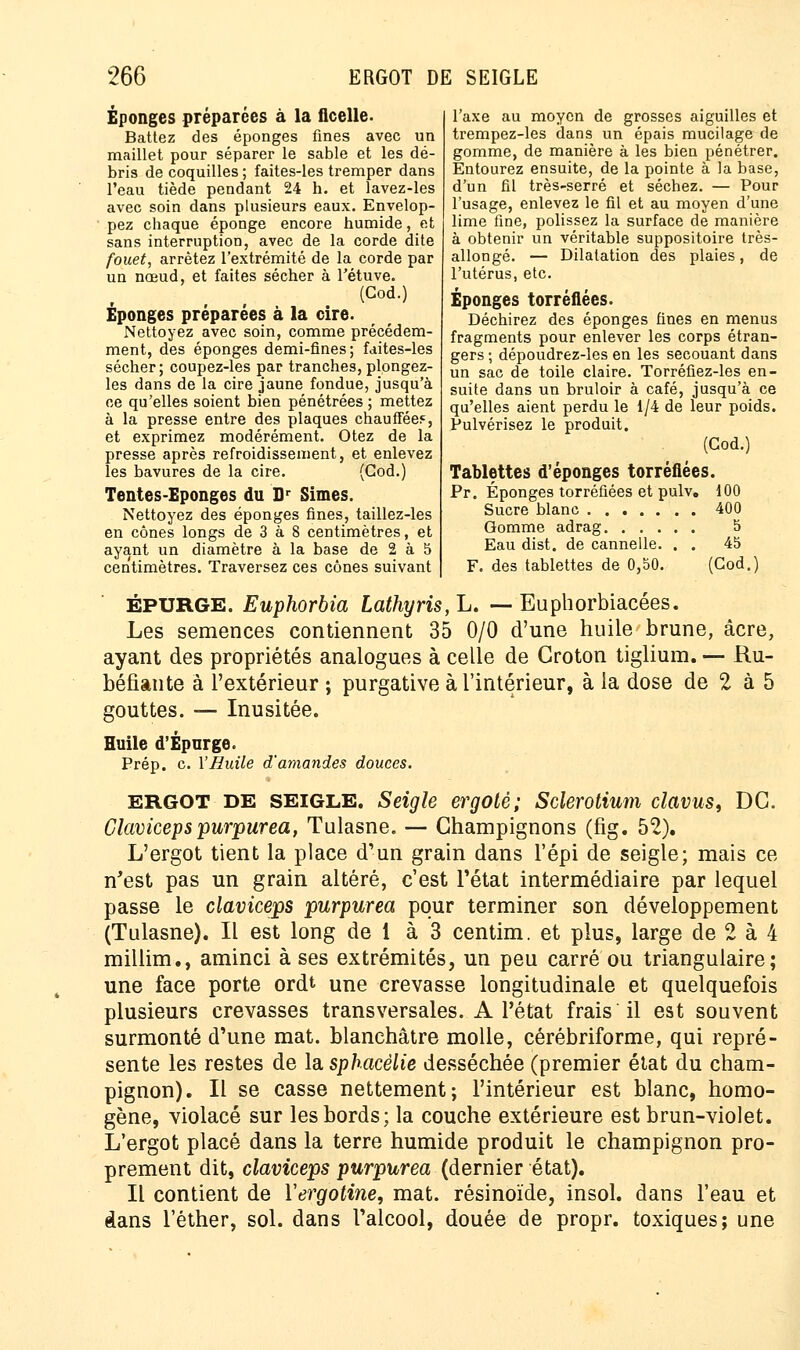 Eponges préparées à la ficelle. Battez des éponges fines avec un maillet pour séparer le sable et les dé- bris de coquilles ; faites-les tremper dans l'eau tiède pendant 24 h. et lavez-les avec soin dans plusieurs eaux. Envelop- pez chaque éponge encore humide, et sans interruption, avec de la corde dite fouet, arrêtez l'extrémité de la corde par un nœud, et faites sécher à l'étuve. (Cod.) Éponges préparées à la cire. Nettoyez avec soin, comme précédem- ment, des éponges demi-fines; faites-les sécher; coupez-les par tranches, plongez- les dans de la cire jaune fondue, jusqu'à ce qu'elles soient bien pénétrées ; mettez à la presse entre des plaques chauffées, et exprimez modérément. Otez de la presse après refroidissement, et enlevez les bavures de la cire. (Cod.) Tentes-Eponges du Dr Simes. Nettoyez des éponges fines, taillez-les en cônes longs de 3 à 8 centimètres, et ayant un diamètre à la base de 2 à 5 centimètres. Traversez ces cônes suivant l'axe au moyen de grosses aiguilles et trempez-les dans un épais mucilage de gomme, de manière à les bien pénétrer. Entourez ensuite, de la pointe à la base, d'un fil très-serré et séchez. — Pour l'usage, enlevez le fil et au moyen d'une lime fine, polissez la surface de manière à obtenir un véritable suppositoire très- allongé. — Dilatation des plaies, de l'utérus, etc. Éponges torréfiées. Déchirez des éponges fines en menus fragments pour enlever les corps étran- gers ; dépoudrez-les en les secouant dans un sac de toile claire. Torréfiez-les en- suite dans un brûloir à café, jusqu'à ce qu'elles aient perdu le 1/4 de leur poids. Pulvérisez le produit. (Cod.) Tablettes d'épongés torréfiées. Pr. Éponges torréfiées et pulv. 100 Sucre blanc 400 Gomme adrag 5 Eau dist. de cannelle. . . 45 F. des tablettes de 0,50. (God.) ÉPURGE. Euphorbia Lathyris, L. — Euphorbiacées. Les semences contiennent 35 0/0 d'une huile brune, acre, ayant des propriétés analogues à celle de Groton tiglium. — Ru- béfiante à l'extérieur ; purgative à l'intérieur, à la dose de 2 à 5 gouttes. — Inusitée. Huile d'Épurge. Prép. c. l'Huile d'amandes douces. ERGOT de seigle. Seigle ergoté; Sclerotium clavus, DC. Claviceps purpurea, Tulasne. — Champignons (fig. 52). L'ergot tient la place d'un grain dans l'épi de seigle; mais ce n'est pas un grain altéré, c'est l'état intermédiaire par lequel passe le claviceps purpurea pour terminer son développement (Tulasne). Il est long de 1 à 3 centim. et plus, large de 2 à 4 millim., aminci à ses extrémités, un peu carré ou triangulaire; une face porte ordt une crevasse longitudinale et quelquefois plusieurs crevasses transversales. A l'état frais il est souvent surmonté d'une mat. blanchâtre molle, cérébriforme, qui repré- sente les restes de la sphacèlie desséchée (premier état du cham- pignon). Il se casse nettement; l'intérieur est blanc, homo- gène, violacé sur les bords; la couche extérieure est brun-violet. L'ergot placé dans la terre humide produit le champignon pro- prement dit, claviceps purpurea (dernier état). Il contient de Yergotine, mat. résinoïde, insol. dans l'eau et élans l'éther, sol. dans l'alcool, douée de propr. toxiques; une