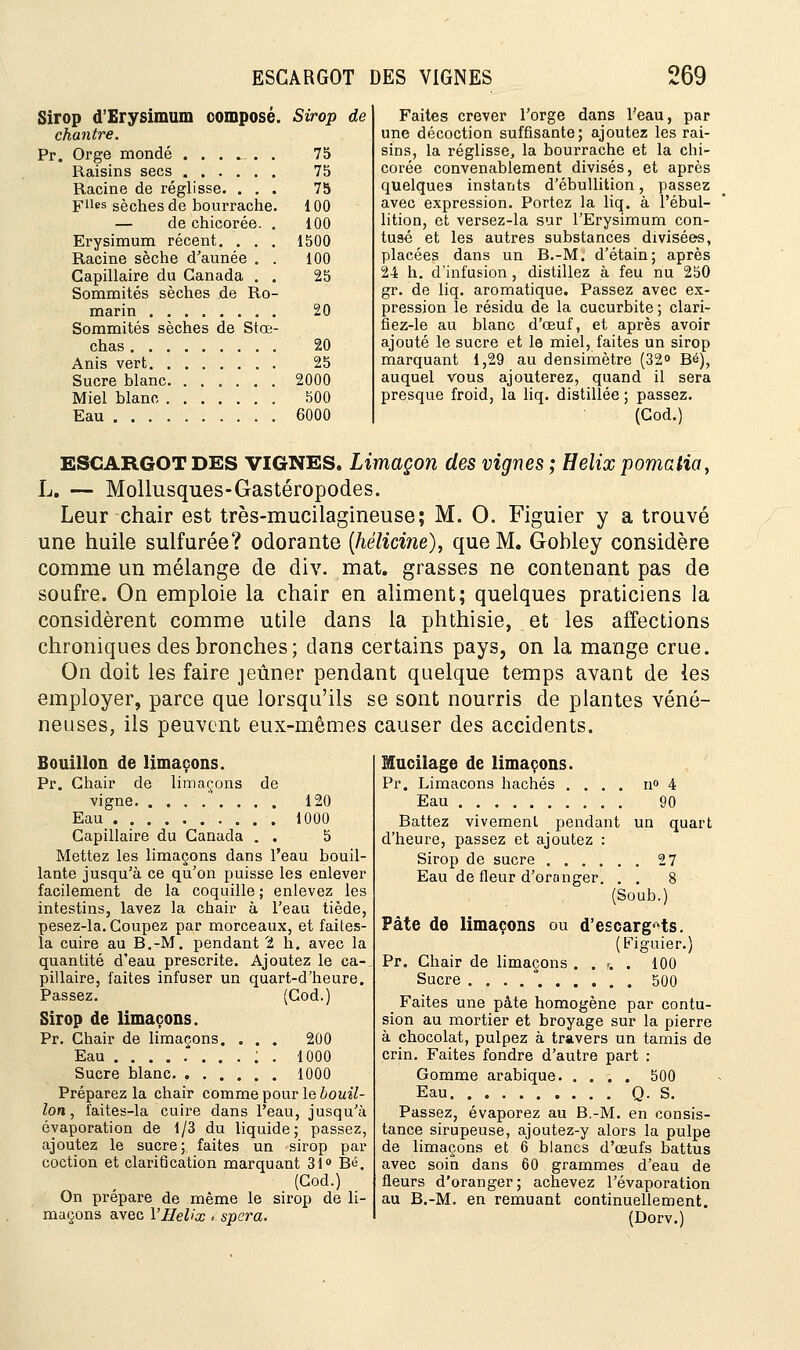 Sirop d'Erysimum composé. Sirop chantre. Pr. Orge mondé ...... 75 Raisins secs 75 Racine de réglisse. ... 75 plies sèches de bourrache. 100 — de chicorée. . 100 Erysimum récent. . . . 1500 Racine sèche d'aunée . . 100 Capillaire du Canada . . 25 Sommités sèches de Ro- marin 20 Sommités sèches de Stœ- chas 20 Anis vert 25 Sucre blanc 2000 Miel blanc 500 Eau 6000 de Faites crever l'orge dans l'eau, par une décoction suffisante; ajoutez les rai- sins, la réglisse, la bourrache et la chi- corée convenablement divisés, et après quelques instants d'ébullition, passez avec expression. Portez la liq. à l'ébul- lition, et versez-la sur l'Erysimum con- tusé et les autres substances divisées, placées dans un B.-M. d'étain; après 24 h. d'infusion, distillez à feu nu 250 gr. de liq. aromatique. Passez avec ex- pression le résidu de la cucurbite; clari- fiez-le au blanc d'oeuf, et après avoir ajouté le sucre et le miel, faites un sirop marquant 1,29 au densimètre (32» Bé), auquel vous ajouterez, quand il sera presque froid, la liq. distillée ; passez. (Cod.) ESCARGOT DES VIGNES. Limaçon des vignes; Hélix pomatia, L. — Mollusques-Gastéropodes. Leur chair est très-mucilagineuse; M. O. Figuier y a trouvé une huile sulfurée? odorante (hélicine), que M. G-obley considère comme un mélange de div. mat. grasses ne contenant pas de soufre. On emploie la chair en aliment; quelques praticiens la considèrent comme utile dans la phthisie, et les affections chroniques des bronches; dans certains pays, on la mange crue. On doit les faire jeûner pendant quelque temps avant de les employer, parce que lorsqu'ils se sont nourris de plantes véné- neuses, ils peuvent eux-mêmes causer des accidents. vigne. Eau . . Bouillon de limaçons. Pr. Chair de limaçons de 120 1000 Capillaire du Canada . . 5 Mettez les limaçons dans l'eau bouil- lante jusqu'à ce qu'on puisse les enlever facilement de la coquille ; enlevez les intestins, lavez la chair à l'eau tiède, pesez-la. Coupez par morceaux, et faites- la cuire au B.-M. pendant 2 h. avec la quantité d'eau prescrite. Ajoutez le ca- pillaire, faites infuser un quart-d'heure. Passez. Sirop de limaçons. Pr. Chair de limaçons. Eau Sucre blanc. . . . (Cod. 200 1000 1000 Préparez la chair comme pour le bouil- lon, faites-la cuire dans l'eau, jusqu'à évaporation de 1/3 du liquide; passez, ajoutez le sucre; faites un sirop par coction et clarification marquant 31° Bé. (Cod.) On prépare de même le sirop de li- maçons avec VIleUx t, spera. Mucilage de limaçons. Pr. Limaçons hachés .... n» 4 Eau 90 Battez vivement pendant un quart d'heure, passez et ajoutez : Sirop de sucre 27 Eau de fleur d'oranger. (Soub.) Pâte de limaçons ou d'escargots. (Figuier.) Pr. Chair de limaçons . è r. . 100 Sucre 500 Faites une pâte homogène par contu- sion au mortier et broyage sur la pierre à chocolat, pulpez à travers un tamis de crin. Faites fondre d'autre part : Gomme arabique. .... 500 Eau Q. S. Passez, évaporez au B.-M. en consis- tance sirupeuse, ajoutez-y alors la pulpe de limaçons et 6 blancs d'œufs battus avec soin dans 60 grammes d'eau de fleurs d'oranger; achevez l'évaporation au B.-M. en remuant continuellement. (Dorv.)