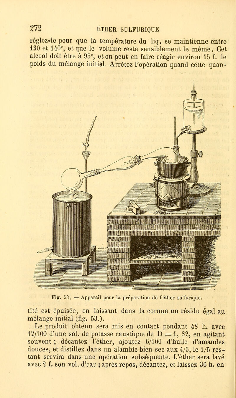 réglez-le pour que la température du liq. se maintienne entre 130 et 140°, et que le volume reste sensiblement le même. Cet alcool doit être à 95°, et on peut en faire réagir environ 15 f. le poids du mélange initial. Arrêtez l'opération quand cette quan- Fig. 53. — Appareil pour la préparation de l'éther sulfurique. tité est épuisée, en laissant dans la cornue un résidu égal au mélange initial (fig. 53.). Le produit obtenu sera mis en contact pendant 48 h. avec 12/100 d'une sol. de potasse caustique de D =1, 32, en agitant souvent ; décantez l'éther, ajoutez 6/100 d'huile d'amandes douces, et distillez dans un alambic bien sec aux 4/5, le 1/5 res- tant servira dans une opération subséquente. L'éther sera lavé avec 2 f. son vol. d'eau ; après repos, décantez, et laissez 36 h. en