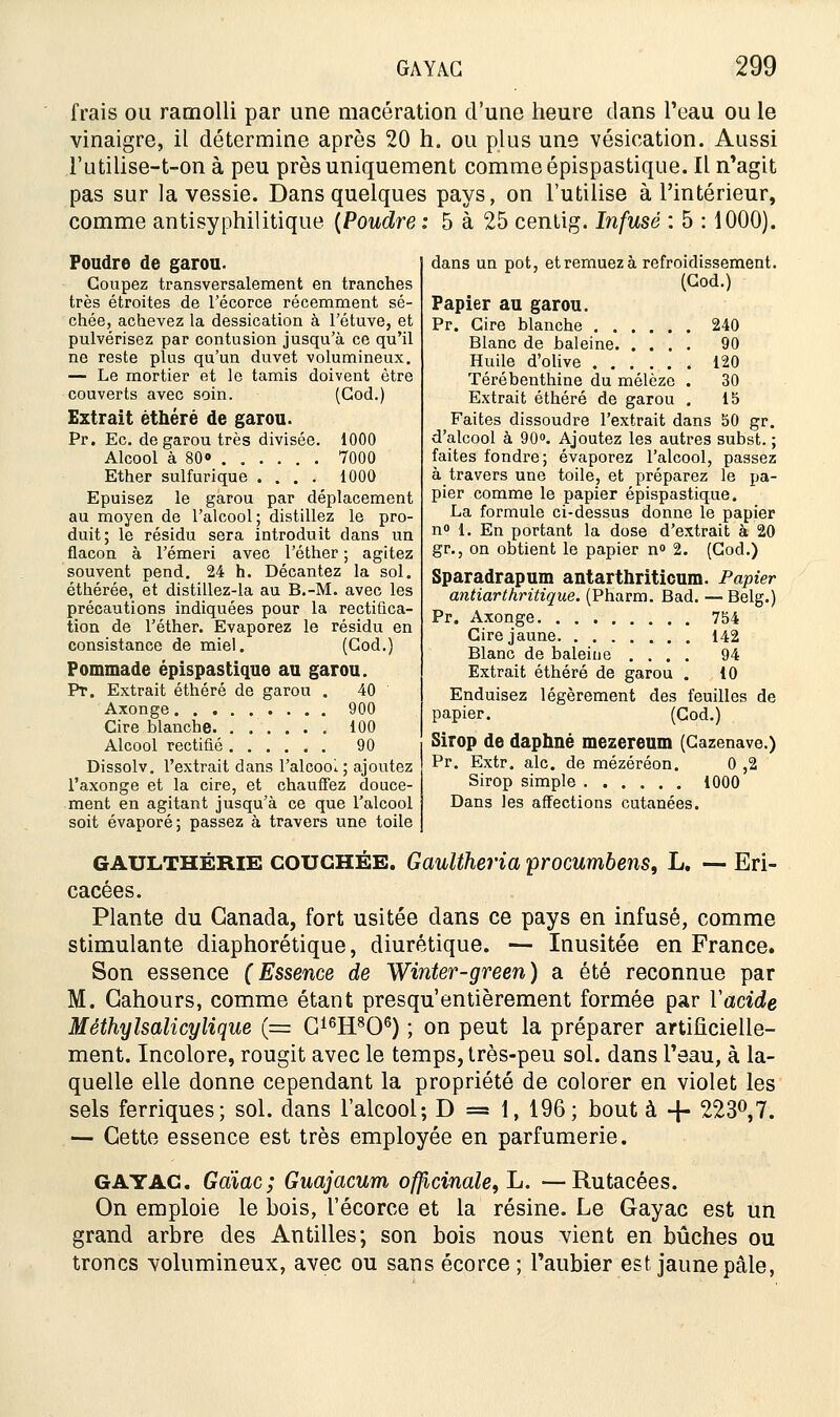 frais ou ramolli par une macération d'une heure dans l'eau ou le vinaigre, il détermine après 20 h. ou plus une vésication. Aussi l'utilise-t-on à peu près uniquement comme épispastique. Il n'agit pas sur la vessie. Dans quelques pays, on l'utilise à l'intérieur, comme antisyphilitique {Poudre: 5 à 25 centig. Infusé : 5 : 1000). Poudre de garou. Coupez transversalement en tranches très étroites de l'écorce récemment sé- chée, achevez la dessication à l'étuve, et pulvérisez par contusion jusqu'à ce qu'il ne reste plus qu'un duvet volumineux. — Le mortier et le tamis doivent être couverts avec soin. (God.) Extrait éthéré de garou. Pr. Ec. de garou très divisée. 1000 Alcool à 80» 7000 Ether sulfurique .... 1000 Epuisez le garou par déplacement au moyen de l'alcool; distillez le pro- duit; le résidu sera introduit dans un flacon à l'émeri avec l'éther ; agitez souvent pend. 24 h. Décantez la sol. éthérée, et distillez-la au B.-M. avec les précautions indiquées pour la rectifica- tion de l'éther. Evaporez le résidu en consistance de miel. (God.) Pommade épispastique au garou. Pr. Extrait éthéré de garou . 40 Axonge 900 Cire blanche 100 Alcool rectifié 90 Dissolv. l'extrait clans l'aleooi ; ajoutez l'axonge et la cire, et chauffez douce- ment en agitant jusqu'à ce que l'alcool soit évaporé; passez à travers une toile GAULTHÉRIE COUCHÉE. Gaultheria procumbens, L. — Eri- cacées. Plante du Canada, fort usitée dans ce pays en infusé, comme stimulante diaphorétique, diurétique. — Inusitée en France. Son essence (Essence de Winter-green) a été reconnue par M. Cahours, comme étant presqu'entièrement formée par Yacide Méthylsalicylique (= G16H806) ; on peut la préparer artificielle- ment. Incolore, rougit avec le temps, très-peu sol. dans l'eau, à la- quelle elle donne cependant la propriété de colorer en violet les sels ferriques; sol. dans l'alcool; D = 1, 196; bout à -f- 223°,7. — Cette essence est très employée en parfumerie. GAYAC Gdiac; Guajacum officinale, L. —Rutacées. On emploie le bois, l'écorce et la résine. Le Gayac est un grand arbre des Antilles; son bois nous vient en bûches ou troncs volumineux, avec ou sans écorce ; l'aubier est jaune pâle, dans un pot, et remuez à refroidissement. (God.) Papier au garou. Pr. Cire blanche 240 Blanc de baleine 90 Huile d'olive 120 Térébenthine du mélèze . 30 Extrait éthéré de garou . 15 Faites dissoudre l'extrait dans 50 gr. d'alcool à 90°. Ajoutez les autres subst. ; faites fondre; évaporez l'alcool, passez à travers une toile, et préparez le pa- pier comme le papier épispastique. La formule ci-dessus donne le papier n<> 1. En portant la dose d'extrait à 20 gr., on obtient le papier n° 2. (Cod.) Sparadrapum antarthriticum. Papier antiarthritique. (Pharm. Bad. —Belg.) Pr. Axonge 754 Cire jaune 142 Blanc de baleine .... 94 Extrait éthéré de garou . 10 Enduisez légèrement des feuilles de papier. (Cod.) Sirop de daphné mezereum (Cazenave.) Pr. Extr. aie. de mézéréon. 0 ,2 Sirop simple 1000 Dans les affections cutanées.