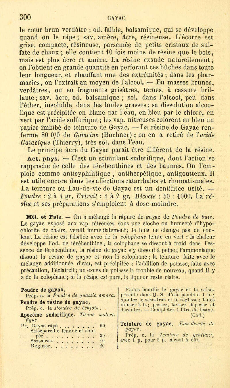 le cœur brun verdâtre ; od. faible, balsamique, qui se développe quand on le râpe; sav. amère, acre, résineuse. L'écorce est grise, compacte, résineuse, parsemée de petits cristaux de sul- fate de chaux ; elle contient 10 fois moins de résine que le bois, mais est plus acre et amère. La résine exsude naturellement ; on l'obtient en grande quantité en perforant ces bûches dans toute leur longueur, et chauffant une des extrémités ; dans les phar- macies, on l'extrait au moyen de l'alcool. — En masses brunes, verdâtres, ou en fragments grisâtres, ternes, à cassure bril- lante ; sav. acre, od. balsamique ; sol. dans l'alcool, peu dans l'éther, insoluble dans les huiles grasses ; sa dissolution alcoo- lique est précipitée en blanc par l'eau, en bleu par le chlore, en vert par l'acide sulfurique ; les vap. nitreuses colorent en bleu un papier imbibé de teinture de Gayac. — La résine de Gayac ren- ferme 80 0/0 de Gaïacine (Buchner) ; on en a retiré de Yacide Gaïacique (Thierry), très sol. dans l'eau. Le principe acre du Gayac paraît être différent de la résine. Act. phys. — C'est un stimulant sudorifique, dont l'action se rapproche de celle des térébenthines et des baumes. On l'em- ploie comme antisyphilitique, antiherpétique, antigoutteux.il est utile encore dans les affections catarrhales et rhumatismales. La teinture ou Eau-de-vie de Gayac est un dentifrice usité. —- Poudre : 2 à 4 gr. Extrait : 1 à 2 gr. Décodé : 50 : 1000. La ré- sine et ses préparations s'emploient à dose moindre. Mêl. et Fais. — On a mélangé la râpure de gayac de Poudre de buis. Le gayac exposé aux vap. nitreuses sous une cloche ou humecté d'hypo- chlorite de chaux, verdit immédiatement; le huis ne change pas de cou- leur. La résine est falsifiée avec de la colophane teinfe en vert : la chaleur développe l'od. de térébenthine ; la colophane se dissout à froid dans l'es- sence de térébenthine, la résine de gayac s'y dissout à peine; l'ammoniaque dissout la résine de gayac et non la colophane ; la teinture faite avec le mélange additionnée d'eau, est précipitée : l'addition de potasse, faite avec précaution, l'éclaircit ; un excès de potasse la trouble de nouveau, quand il y a de la colophane ; si la résine est pure, la liqueur reste claire. Poudre de gayac. Prép. c. la Poudre de quassia amara. Poudre de résine de gayac. Prép. c. la Poudre de benjoin. Apozème sudorifique. Tisane sudori- fique Pr, Gayac râpé 60 Salsepareille fendue et cou- pée 30 Sassafras 10 Réglisse 20 Faites bouillir le gayac et la salse- pareille dans Q. S. d'eau pendant 1 h.; ajoutez le sassafras et le réglisse ; faites infuser 2 h.; passez, laissez déposer et décantez. —Complétez 1 litre de tisane. (Cod.) Teinture de gayac. Eau-de-vie de gayac. Prép. c. la Teinture de aentian, avec 1 p. pour 5 p. alcool à 60».