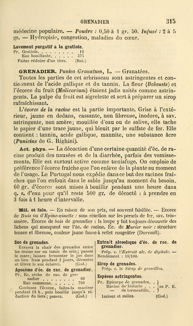 médecine populaire. — Poudre : 0,50 à 1 gr. 50. Infusé : 2 à 5 gr. — Hydropisie, congestion, maladies du cœur. Lavement purgatif à la gratiole. Pr. Gratiole 12 Eau bouillante 375 Faites réduire d'un tiers. (Bat.) GRENADIER. Punica Granatum, L. — Granatées. Toutes les parties de cet arbrisseau sont astringentes et con- tiennent de l'acide gallique et du tannin. La fleur (Balauste) et l'écorce du fruit (Malicorium) étaient jadis usités comme astrin- gents. La pulpe du fruit est aigrelette et sert à préparer un sirop rafraîchissant. Uécorce de la racine est la partie importante. Grise à l'exté- rieur, jaune en dedans, cassante,, non fibreuse, inodore, à sav. astringente, non amère; mouillée d'eau ou de salive, elle tache le papier d'une trace jaune, qui bleuit par le sulfate de fer. Elle contient : tannin, acide gallique, mannite, une substance acre (Punicine de G. Righini). Act. phys. — La décoction d'une certaine quantité d'éc. de ra- cine produit des nausées et de la diarrhée, parfois des vomisse- ments. Elle est surtout active comme tseniafuge. On emploie de préférence l'écorce fraîche que Ton enlève de la plante au moment de l'usage. Le Portugal nous expédie dans ce but des racines fraî- ches que l'on enfouit dans le sable jusqu'au moment du besoin. 60 gr. d'écorce sont mises à bouillir pendant une heure dans q. s. d'eau pour qu'il reste 500 gr. de décocté : à prendre en 3 fois à 1 heure d'intervalle. Mél. et fais. — En raison de son prix, est souvent falsifiée. — Écorce de Buis ou à'Épine-vinette : sans réaction sur les persels de fer, sav. très- amère. Écorce de bois de grenadier : la loupe y fait toujours découvrir des lichens qui manquent sur l'éc. de racine. Éc. de Mûrier noir : structure tenace et fibreuse, couleur jaune fauve à reflet rougeâtre (Dorvault). Suc de grenades. Ecrasez la chair des grenades entre les mains sur un tamis de crin ; passez le marc; laissez fermenter le jus dans un lieu frais pendant 2 jours, décantez et filtrez le suc éclairci. (Cod.) Apozème d'éc. de rac. de grenadier. Pr. Ec. sèche de rac. de gre- nadier 60 Eau commune 750 Gontusez l'écorce, faites-la macérer pendant 12 h., puis bouillir jusqu'à ré- duction du tiers ; passez. (God.) Extrait alcoolique d'éc. de rac. de grenadier. Prép. c. l'Extrait aie. de digitale. — Rendement : 18/100. Sirop de grenades. Prép. c. le Sirop de groseilles. Espèces astringentes. Pr. Epicarpe de grenades. . ) Racine de-bistorte . . . aaP. E. — de tormentille. . ) Incisez et mêlez. (God.)