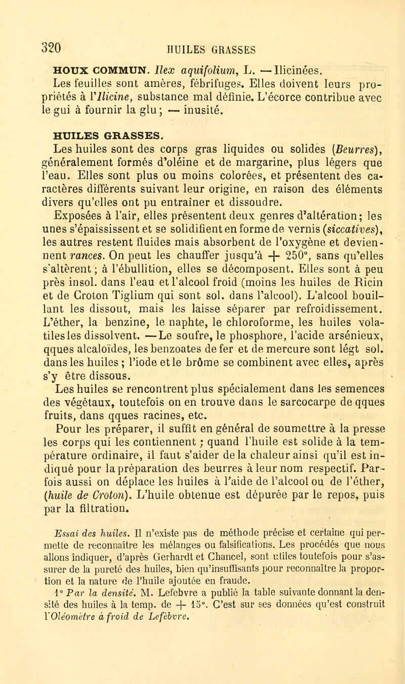 HOUX COMMUN, llex aquifolium, L. —Ilicinées. Les feuilles sont amères, fébrifuges. Elles doivent leurs pro- priétés à Vllicine, substance mal définie. L'écorce contribue avec le gui à fournir la glu ; — inusité. HUILES GRASSES. Les huiles sont des corps gras liquides ou solides (Beurres), généralement formés d'oléine et de margarine, plus légers que l'eau. Elles sont plus ou moins colorées, et présentent des ca- ractères différents suivant leur origine, en raison des éléments divers qu'elles ont pu entraîner et dissoudre. Exposées à l'air, elles présentent deux genres d'altération; les unes s'épaississent et se solidifient en forme de vernis (siccatives), les autres restent fluides mais absorbent de l'oxygène et devien- nent rances. On peut les chauffer jusqu'à -}- 250°, sans qu'elles s'altèrent ; à l'ébullition, elles se décomposent. Elles sont à peu près insol. dans l'eau et l'alcool froid (moins les huiles de Ricin et de Groton Tiglium qui sont sol. dans l'alcool). L'alcool bouil- lant les dissout, mais les laisse séparer par refroidissement. L'éther, la benzine, le naphte, le chloroforme, les huiles vola- tiles les dissolvent. —Le soufre, le phosphore, l'acide arsénieux, qques alcaloïdes, les benzoates de fer et de mercure sont légt sol. dans les huiles ; l'iode et le brome se combinent avec elles, après s'y être dissous. Les huiles se rencontrent plus spécialement dans les semences des végétaux, toutefois on en trouve dans le sarcocarpe de qques fruits, dans qques racines, etc. Pour les préparer, il suffit en général de soumettre à la presse les corps qui les contiennent ; quand l'huile est solide à la tem- pérature ordinaire, il faut s'aider delà chaleur ainsi qu'il est in- diqué pour la préparation des beurres à leur nom respectif. Par- fois aussi on déplace les huiles à Faide de l'alcool ou de l'éther, (huile de Croton). L'huile obtenue est dépurée par le repos, puis par la fîltration. Essai des huiles. Il n'existe pas de méthode précise et certaine qui per- mette de reconnaître les mélanges ou falsifications. Les procédés que nous allons indiquer, d'après Gerhardt et Chancel, sont utiles toutefois pour s'as- surer de la pureté des huiles, bien qu'insuffisants pour reconnaître la propor- tion et la nature de l'huile ajoutée en fraude. 1° Par la densité. M. Lefebvre a publié la table suivante donnant la den- sité des huiles à la temp. de -j- 15°. C'est sur ses données qu'est construit YOléomètre à froid de Lefebvre.