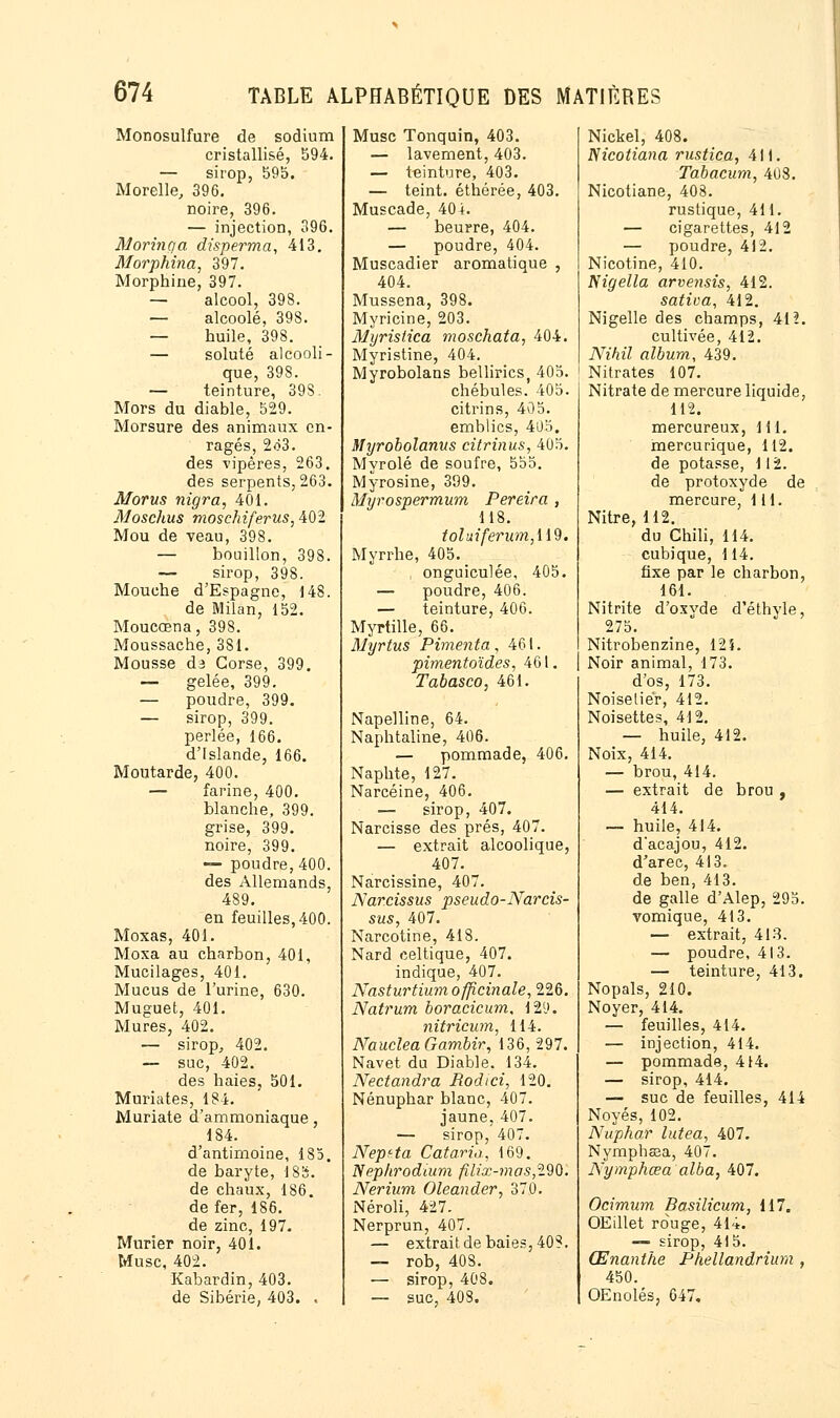 Monosulfure de sodium cristallisé, 594. — sirop, 595. Morelle, 396. noire, 396. — injection, 396. Morinqa disperma, 413. Morphina, 397. Morphine, 397. — alcool, 398. — alcoolé, 398. — huile, 398. — soluté alcooli- que, 39S. — teinture, 39S. Mors du diable, 529. Morsure des animaux en- ragés, 2o3. des vipères, 263. des serpents, 263. Morus nigra, 401. Moschus moschiferus, 402 Mou de veau, 398. — bouillon, 398. — sirop, 398. Mouche d'Espagne, 148. de Milan, 152. Moucœna, 398. Moussache, 381. Mousse da Corse, 399. — gelée, 399. — poudre, 399. — sirop, 399. perlée, 166. d'Islande, 166. Moutarde, 400. — farine, 400. blanche, 399. grise, 399. noire, 399. — poudre, 400. des Allemands, 489. en feuilles,400. Moxas, 401. Moxa au charbon, 401, Mucilages, 401. Mucus de l'urine, 630. Muguet, 401. Mures, 402. — sirop, 402. — suc, 402. des haies, 501. Muriates, 184. Muriate d'ammoniaque 184. d'antimoine, 185. de baryte, 18$. de chaux, 186. de fer, 186. de zinc, 197. Mûrier noir, 401. Musc, 402. Kabardin, 403. de Sibérie. 403. . Musc Tonquin, 403. — lavement, 403. — teinture, 403. — teint, éthérée, 403. Muscade, 404. — beurre, 404. — poudre, 404. Muscadier aromatique , 404. Mussena, 398. Myricine, 203. Myrislica moschata, 404. Myristine, 404. Myrobolans bellirics, 405. chébules. 405. citrins, 405. emblics, 405. Myrobolanus citrinus, 405. Myrolé de soufre, 555. Myrosine, 399. Myrospermum Pereira , 118. toluiferum,li9. Myrrhe, 405. onguiculée, 405. — poudre, 406. — teinture, 406. Myrtille, 66. Myrtus Pimenta, 461. pimentoïdes, 461. | Tabasco, 461. Napelline, 64. Naphtaline, 406. — pommade, 406. Naphte, 127. Narcéine, 406. — sirop, 407. Narcisse des prés, 407. — extrait alcoolique, 407. Narcissine, 407. Na?*cissus pseudo-Nar tis- sus, 407. Narcotine, 418. Nard celtique, 407. indique, 407. Nasturtium officinale, 226. Natrum boracicum, 129. nitricum, 114. NaacleaGambir, 136, 297. Navet du Diable. 134. Nectandra Rodici, 120. Nénuphar blanc, 407. jaune,407. — sirop, 407. Neptta Catariû, 169. Nephrodium filix-mas,ï9Q. Nerium Oleander, 370. Néroli, 427. Nerprun, 407. — extrait de baies, 40?. — rob, 408. — sirop, 408. — suc, 408. Nickel, 408. Nicotiana rustica, 411. Tabacum, 4U8. Nicotiane, 408. rustique, 411. — cigarettes, 412 — poudre, 412. Nicotine, 410. Nigella arvensis, 412. sativa, 412. Nigelle des champs, 41?. cultivée, 412. Nihil album, 439. Nitrates 107. Nitrate de mercure liquide, 112. mercureux, 111. mercurique, 112. de potasse, \ 12. de protoxyde de mercure, 111. Nitre, 112. du Chili, 114. cubique, 114. fixe par le charbon, 161. Nitrite d'oxyde d'éthyle, 275. Nitrobenzine, 123. Noir animal, 173. d'os, 173. Noisetier, 412. Noisettes, 412. — huile, 412. Noix, 414. — brou, 414. — extrait de brou , 414. — huile, 414. d'acajou, 412. d'arec, 413. de ben, 413. de galle d'Alep, 295. vomique, 413. — extrait, 413. — poudre, 413. — teinture, 413. Nopals, 210. Noyer, 414. — feuilles, 414. — injection, 414. — pommade, 414. — sirop, 414. — suc de feuilles, 414 Noyés, 102. Nuphar lutea, 407. Nympbsea, 407. Nymphœa alba, 407. Ocimum Basilicum, 117. OEillet rouge, 414. — sirop, 415. Œnanthe Phellandrium , 450. OEnolés, 647.