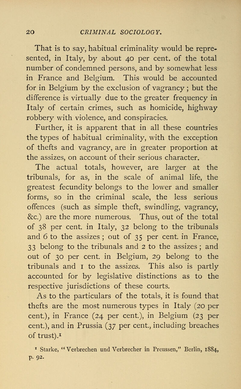 That is to say, habitual criminality would be repre- sented, in Italy, by about 40 per cent, of the total number of condemned persons, and by somewhat less in France and Belgium. This would be accounted for in Belgium by the exclusion of vagrancy ; but the difference is virtually due to the greater frequency in Italy of certain crimes, such as homicide, highway robbery with violence, and conspiracies. Further, it is apparent that in all these countries the types of habitual criminality, with the exception of thefts and vagrancy, are in greater proportion at the assizes, on account of their serious character. The actual totals, however, are larger at the tribunals, for as, in the scale of animal life, the greatest fecundity belongs to the lower and smaller forms, so in the criminal scale, the less serious offences (such as simple theft, swindling, vagrancy, &c.) are the more numerous. Thus, out of the total of 38 per cent, in Italy, 32 belong to the tribunals and 6 to the assizes ; out of 35 per cent in France, 33 belong to the tribunals and 2 to the assizes ; and out of 30 per cent, in Belgium, 29 belong to the tribunals and i to the assizes. This also is partly accounted for by legislative distinctions as to the respective jurisdictions of these courts. As to the particulars of the totals, it is found that thefts are the most numerous types in Italy (20 per cent), in France (24 per cent), in Belgium (23 per cent), and in Prussia (^7 P^^ cent, including breaches of trust).^ * Starke, Verbrechen und Verbrecher in Preussen, Berlin, 1884, p. 92.