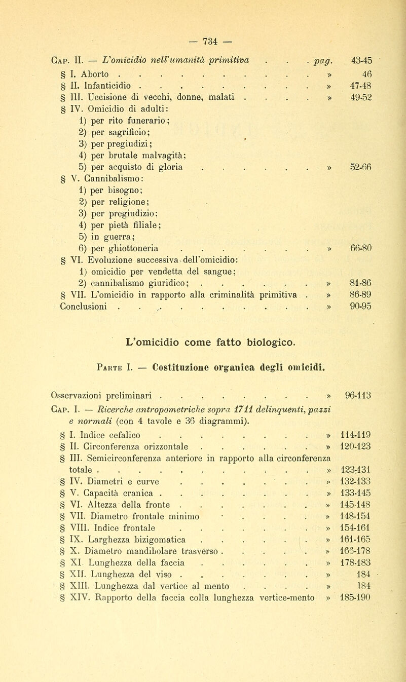 Gap. II. — L'omicidio nell'umanità primitiva . . . pag. 4345 § I. Aborto » 46 § IL Infanticidio . » 47-48 § III. Uccisione di vecchi, donne, malati .... » 49-52 § IV. Omicidio di adulti: 1) per rito funerario ; 2) per sagrificio; 3) per pregiudizi ; 4) per brutale malvagità; 5) per acquisto di gloria . . . . . . ■ » 52-66 § V. Cannibalismo: 1) per bisogno; 2) per religione; 3) per pregiudizio; 4) per pietà filiale; 5) in guerra; 6) per ghiottoneria » 66-80 § VI. Evoluzione successiva dell'omicidio: 1) omicidio per vendetta del sangue; 2) cannibalismo giuridico; . . . . . . » 81-86 § VII. L'omicidio in rapporto alla criminalità primitiva . » 86-89 Conclusioni . . , » 90-95 L'omicidio come fatto biologico. Parte I. — Costitnzione organica degli omicidi. Osservazioni preliminari » 96-113 Gap. I. — Ricerche antropometriche sopra 1711 delinquenti, pazzi e normali (con 4 tavole e 30 diagrammi). § l. Indice cefalico » 114-119 § IL Circonferenza orizzontale » 120-123 § III. Semicirconferenza anteriore in rapporto alla circonferenza totale . » 123:131 § IV. Diametri e curve . » 132-133 § V. Capacità cranica » 133-145 § VI. Altezza della fronte » 145148 § VII. Diametro frontale minimo •....» 148-154 § Vili. Indice frontale » 154-161 § IX. Larghezza bizigomatica » 161-165 § X. Diametro mandibolare trasverso » 166-178 § XI. Lunghezza della faccia » 178-183 § XII. Lunghezza del viso » 184 § XIII. Lunghezza dal vertice al mento .... » 184 § XIV. Rapporto della faccia colla lunghezza vertice-mento » 185-190