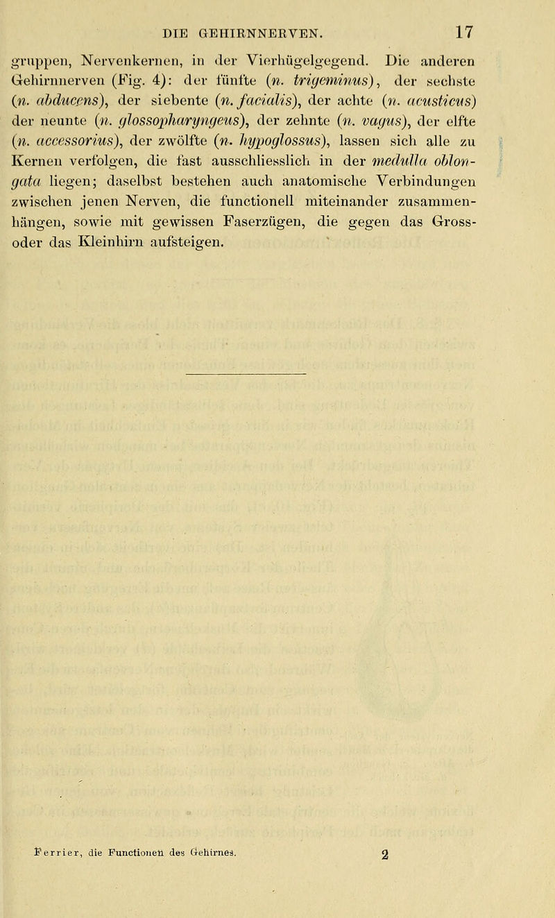 gTuppeii, Nervcnkenien, in <ler Viorhiigelgogend. Die andeven Gehirnnerveii (Fig. 4): dav lunfte (n. trigeminus), der sechsto (w. abducms)^ der siebente (n. facialis), der achte (n. acusticus) der iieunte {n. glossopharyngeus), der zehnte (w. vagus), der elfte {n. accessorius), der zwolfte (n. hypoglossus), lassen sich alle zu Kernel! vertblgen, die fast ausschliesslich in der medulla oblon- gata liegen; daselbst bestehen auch anatomiscbe Verbindungeu zwiscben jenen Nerven, die functionell miteinander zusammen- biingen, sowie mit gewissen Faserziigen, die gegen das Gross- oder das Kleinbirn aufsteigen. Ferrier, die Punctionen des Gehirnei.