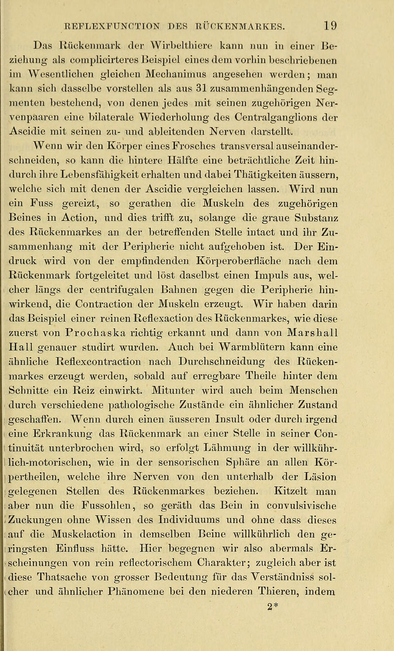 Das Iviickemnark der WirLelthiero kann nun in einer Jie- ziehung als complicirteres Beispiel eines dem vorhin beschriebenen ini Wesentlichen gleichen Mechaninius angesehen werdcn; man kann sicli dasselbe vorstellen als aus 31 zusammenhangenden Seg- menten bestehend, von denen jedes init seinen zugehorigen Ner- venpaaren eine bilaterale Wiederholung des Centralganglions der Ascidie mit seinen zu- und ableitenden Nei'ven darstellt. Wenn wir den Korper eines Fi'osches transversal auseinander- sclmeiden, so kann die hintere Hillfte eine betrachtliche Zeit hin- durch ihre Lebensfiiliigkeit erhalten und dabei Thatigkeiten aussern, welche sich mit denen der Ascidie vergleichen lassen. Wird nun ein Fuss gereizt, so gerathen die Muskeln des zugehorigen Beines in Action, und dies trifft zu, solange die graue Substanz des Riickenmarkes an der betreifenden Stelle intact und ihr Zu- sammenhang mit der Peripherie nicht aufgehoben ist. Der Ein- druck wird von der empfindenden Korperoberflache nach dem Riickenmark fortgeleitet und lost daselbst einen Impuls aus, wel- cher langs der centrifugalen Bahnen gegen die Peripherie hin- wirkend, die Contraction der Muskeln erzeugt. Wir haben darin das Beispiel einer reinen Reflexaction des Riickenmarkes, wie diese zuerst von Prochaska richtig erkannt und dann von Marshall Hall genauer studirt wurden. Auch bei Warmbliitern kann eine jihnliche Reflexcontraction nach Durchschneidung des Riicken- markes erzeugt werden, sobald auf erregbare Theile hinter dem Schnitte ein Reiz einwirkt. Mitunter wird auch beim Menschen durch verschiedene pathologische Zustande ein ahnlicher Zustand geschaffen. Wenn durch einen ausseren Insult oder durch irgend eine Erkrankung das Riickenmark an einer Stelle in seiner Con- tinuitat unterbrochen wird, so erfolgt Lahmung in der willkiihr- lich-motorischen, wie in der sensorischen Sphiire an alien Kor- pertheilen, welche ihre Nerven von den unterhalb der Liision gelegenen Stellen des Riickenmarkes beziehen. Kitzelt man aber nun die Fussohlen, so gerath das Bein in convulsivische iZuckungen ohne Wissen des Individuums und ohne dass dieses auf die Muskelaction in demselben Beine willkiihrlich den ge- ringsten Einfluss hiitte. Hier begegnen wir also abermals Er- scheinungen von rein reflectorischem Charakter; zugleich aber ist diese Thatsache von grosser Bedeutung fiir das Verstandniss sol- cher und ahnlicher Phanomene bei den niederen Thieren, indera 2*