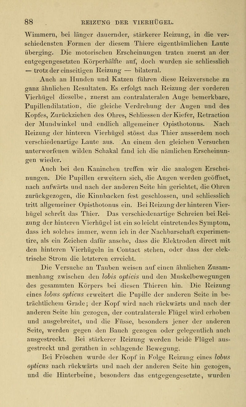 Wimmern, bei langer dauernder, starkerer Reiziiug, in die ver- schiedensten Formen der diesem Thiere eigenthumlichen Laute iiberging. Die motoriscbeu Erscheinungen trateu zuerst an der entgegengesetzten Korperhalfte auf, docb wurden sie scbliesslich — trotz der einseitigen Reizung — bilateral. Aucb an Hunden und Katzeu fiibren diese Reizversucbe zn ganz abnlichen Resultaten. Es erfolgt nacb Reizung der vorderen Vierhiigel dieselbe, zuerst am contralateralen Auge bemerkbare, Pupillendilatation, die gleiche Verdrehung der Augen und des Kopfes, Zuriickzieben des Ohres, Schliessen derKiefer, Retraction der Mundwinkel und endlicb allgemeiner Opisthotonus. Nacb Reizung der hinteren Vierhiigel stosst das Thier ausserdem noch verschiedenartige Laute aus. An einem den gieichen Versuchen unterworfeuen wilden Schakal fand ich die niimlichen Erscheinun- gen wieder. Auch bei den Kaninchen treffen wir die analogen Erschei- nungen. Die Pupillen erweitern sich, die Augen werden geoifnet, nach aufwarts und nacb der anderen Seite bin gerichtet, die Ohren zuritckgezogen, die Kinnbacken fest geschlossen, und schliessbch tritt allgemeiner Opisthotonus ein. Bei Reizung der hinteren Vier- hiigel schreit das Thier. Das verschiedenartige Schreien bei Rei- zung der hinteren Vierhiigel ist ein so leicht eintretendes Symptom, dass ich solches immer, wenn ich in der Nachbarschaft experimen- tire, als ein Zeichen dafiir ansehe, dass die Elektroden direct rait den hinteren Vierhiigeln in Contact stehen, oder dass der elek- trische Strom die letzteren eri-eicht. Die Versuche an Tauben weisen auf einen abnlichen Zusam- menhang zwischen den lobis opticis und den Muskelbewegungen des gesammten Korpers bei diesen Thieren bin. Die Reizung eines lohus opticus erweitert die Pupille der anderen Seite in be- triichtlichem Grade; der Kopf wird nach riickwiirts und nach der anderen Seite bin gezogen, der contralaterale Fliigel Avird erhoben und ausgebreitet, und die Fiisse, besonders jener der anderen Seite, werden gegen den Bauch gezogen oder gelegentlich auch ausgestreckt. Bei starkerer Reizung werden beide Fliigel aus- gestreckt und gerathen in schlagende ]5ewegung. Bei Frdschen wurde der Kopf in Folge Reizung cincs lohvs opticus nach riickwiirts und nach der anderen Seite bin gezogen, und die Hinterbeine, besonders das entgegengesetzte, wurden