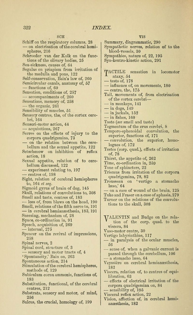 SCH Schiff on the respiratory columns, 28 — on electrisation of the cerebral hemi- spheres, 216 Schroeder van der Kolk on the func- tions of the olivary bodies, 25 Sea-sickness, causes of, 64 Segalas on priapism from irritation of the medulla and pons, 122 Self-conservation, Bain's law of, 260 Semicircular canals, anatomy of, 57 — functions of, 60 Sensation, conditions of, 257 — accompaniments of, 260 Sensations, memory of, 258 — the organic, 261 Sensibility of muscles, 51 Sensory centres, the, of the cortex cere- bri, 164 Sensori-motor action, 44 — acquisitions, 267 Serres on the effects of injury to the corpora quadrigemina, 73 — on the relation between the cere- bellum and the sexual appetite, 122 Setschenow on inhibition of reflex action, 18 Sexual appetite, relation of to cere- bellum discussed, 122 — experiment relating to, 197 — centres of, 198 Sight, relation of cerebral hemispheres to, 164 et seq. Sigmoid gyrus of brain of dog, 145 Skull, relations of convolutions to, 308 Smell and taste, centres of, 183 — loss of, from blows on the head, 190 Smell, relations of the fifth nerve to, 191 — in cerebral hemiansesthesia, 183,191 Sneezing, mechanism of, 28 Space, co-ordination in, 91 Speech, acquisition of, 269 — internal, 275 Spencer on the revival of impressions, 258 Spinal nerves, 2 Spinal cord, structure of, 3 — sensory and motor tracts of, 4 ' Spontaneity,' Bain on, 263 Spontaneous action, 214 Stimulation of the cerebral hemispheres, methods of, 129 Subiculum cornu ammonis, functions of, 183 Substitution, functional, of the cerebral centres, 212 Substrata, sensory and motor, of mind, 256 Sulcus, the crucial, homology of, 199 VIS Summary, diagrammatic, 290 Sympathetic nerves, relation of to the blood-vessels, 30 Sympathies, nature of, 22, 195 Syn-kentro-kinetic action, 291 TACTILE sensation in locomotor ataxy, 54 — tests of, 178 — influence of, on movements, 180 — centre, the, 175 Tail, movements of, from electrisation of the cortex cerebri— — in monkeys, 141 — in dogs, 149 — in jackals, 152 — in fishes, 160 Taste {see smell and taste) Tegmentum of the crus cerebri, 8 Temporo-sphenoidal convolution, the superior, functions of, 171 — convolution, the superior, homo- logues of, 172 Testes (corp. quad.), effects of irritation of, 78 Thirst, the appetite of, 262 Time, co-ordination in, 259 Tone of sphincters, 22 Trismus from irritation of the corpora quadrigemina, 78, 82 Trousseau on 'vertigo a stomacho Iseso,' 64 — on a case of wound of the brain, 125 Tuke and Fraser on a case of aphasia, 279 Turner on the relations of the convolu- tions to the skull, 308 yALENTIN and Budge on the rela- ^ tion of the corp. quad, to the viscera, 84 Vaso-motor centre, 30 Vertigo labyrinthine, 117 — in paralysis of the ocular muscles, ^^ . . — sense of, when a galvanic current is passed through the cerebellum, 106 — a stomacho Iseso, 64 Veyssiere on cerebral hemiansesthesia, 182 Viscera, relation of, to centres of equi- libration, 63 — effects of electrical irritation of the corpora quadrigemina on, 84 — sensibility of, 195 Visceral refiex action, 22 Vision, affection of, in cerebral hemi- ansesthesia, 182