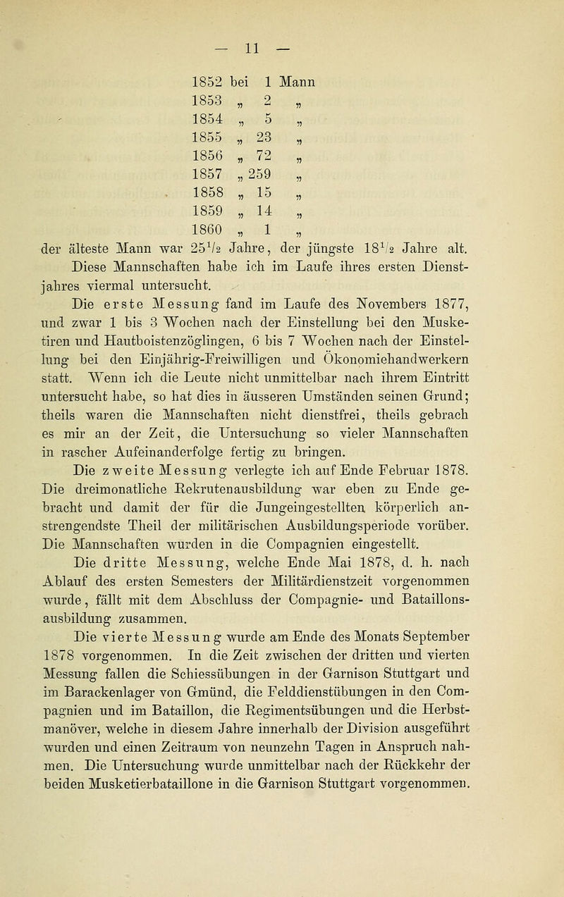 1852 bei 1 Mann 1853 „ 2 „ 1854 „ 5 „ 1855 „ 23 „ 1856 „ 72 „ 1857 „ 259 1858 „ 15 1859 „ 14 1860 „ 1 der älteste Mann war 25x/2 Jahre, der jüngste 181/2 Jahre alt. Diese Mannschaften habe ich im Laufe ihres ersten Dienst- jahres viermal untersucht. Die erste Messung fand im Laufe des Novembers 1877, und zwar 1 bis 3 Wochen nach der Einstellung bei den Muske- tiren und Hautboistenzöglingen, 6 bis 7 Wochen nach der Einstel- lung bei den Einjährig-Freiwilligen und Ökonpmiehandwerkern statt. Wenn ich die Leute nicht unmittelbar nach ihrem Eintritt untersucht habe, so hat dies in äusseren Umständen seinen Grund; theils waren die Mannschaften nicht dienstfrei, theils gebrach es mir an der Zeit, die Untersuchung so vieler Mannschaften in rascher Aufeinanderfolge fertig zu bringen. Die zweite Messung verlegte ich auf Ende Februar 1878. Die dreimonatliche Rekruten au sbildung war eben zu Ende ge- bracht und damit der für die Jungeingestellten körperlich an- strengendste Theil der militärischen Ausbildungsperiode vorüber. Die Mannschaften wurden in die Compagnien eingestellt. Die dritte Messung, welche Ende Mai 1878, d. h. nach Ablauf des ersten Semesters der Militärdienstzeit vorgenommen wurde, fällt mit dem Abschluss der Compagnie- und Bataillons- ausbildung zusammen. Die vierte Messung wurde am Ende des Monats September 1878 vorgenommen. In die Zeit zwischen der dritten und vierten Messung fallen die Schiessübungen in der Garnison Stuttgart und im Barackenlager von Gmünd, die Felddienstübungen in den Com- pagnien und im Bataillon, die Regimentsübungen und die Herbst- manöver, welche in diesem Jahre innerhalb der Division ausgeführt wurden und einen Zeitraum von neunzehn Tagen in Anspruch nah- men. Die Untersuchung wurde unmittelbar nach der Rückkehr der beiden Musketierbataillone in die Garnison Stuttgart vorgenommen.