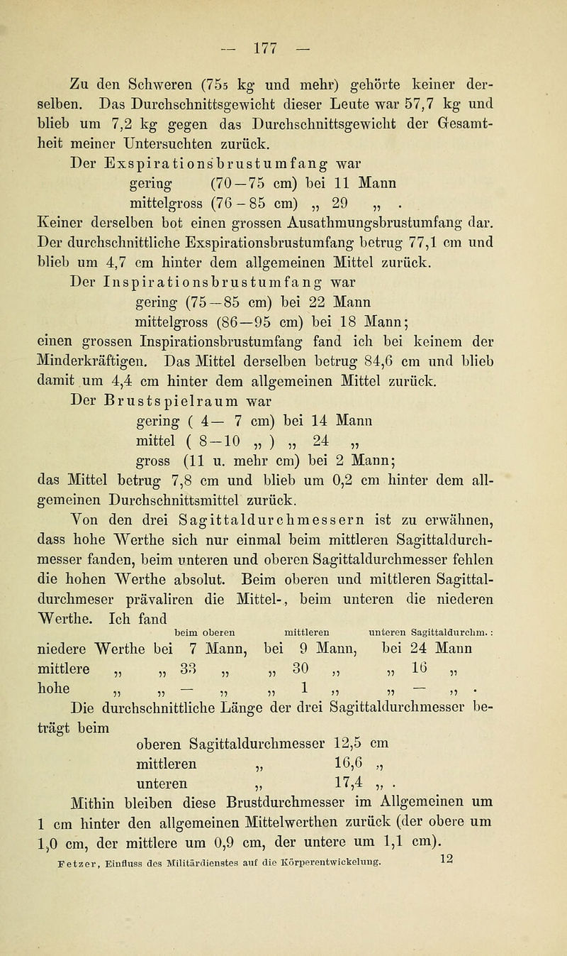 Zu den Schweren (75s kg und mehr) gehörte keiner der- selben. Das Durchschnittsgewicht dieser Leute war 57,7 kg und blieb um 7,2 kg gegen das Durchschnittsgewicht der Gesamt- heit meiner Untersuchten zurück. Der Exspirationsbrustumfang war gering (70 — 75 cm) bei 11 Mann mittelgross (76-85 cm) „ 29 „ . Keiner derselben bot einen grossen Ausathmungsbrustumfang dar. Der durchschnittliche Exspirationsbrustumfang betrug 77,1 cm und blieb um 4,7 cm hinter dem allgemeinen Mittel zurück. Der Inspirationsbrustumfang war gering (75—85 cm) bei 22 Mann mittelgross (86—95 cm) bei 18 Mann; einen grossen Inspirationsbrustumfang fand ich bei keinem der Minderkräftigen. Das Mittel derselben betrug 84,6 cm und blieb damit um 4,4 cm hinter dem allgemeinen Mittel zurück. Der Brustspielraum war gering (4—7 cm) bei 14 Mann mittel (8-10 „ ) „ 24 „ gross (11 u. mehr cm) bei 2 Mann; das Mittel betrug 7,8 cm und blieb um 0,2 cm hinter dem all- gemeinen Durchschnittsmittel zurück. Yon den drei Sagittaldurchmessern ist zu erwähnen, dass hohe Werthe sich nur einmal beim mittleren Sagittaldurch- messer fanden, beim unteren und oberen Sagittaldurchmesser fehlen die hohen Werthe absolut. Beim oberen und mittleren Sagittal- durchmeser prävaliren die Mittel-, beim unteren die niederen Werthe. Ich fand beim oberen mittleren unteren Sagittaldurclim.: niedere Werthe bei 7 Mann, bei 9 Mann, bei 24 Mann mittlere „ „ 33 „ „ 30 „ „ 16 „ hohe ,, ,, ,, ,,1 ,, ,, ,, Die durchschnittliche Länge der drei Sagittaldurchmesser be- trägt beim oberen Sagittaldurchmesser 12,5 cm mittleren „ 16,6 „ unteren „ 17,4 „ . Mithin bleiben diese Brustdurchmesser im Allgemeinen um 1 cm hinter den allgemeinen Mittelwerthen zurück (der obere um 1,0 cm, der mittlere um 0,9 cm, der untere um 1,1 cm). Fetzer, Einfluss des Militärdienstes auf die Körperentwickelung. 12