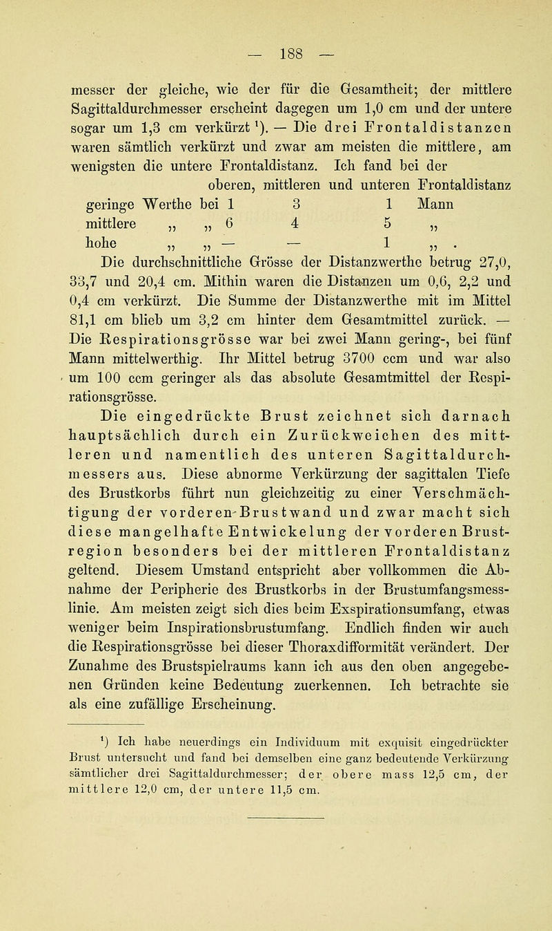 messer der gleiche, wie der für die Gesamtheit; der mittlere Sagittaldurchmesser erscheint dagegen um 1,0 cm und der untere sogar um 1,3 cm verkürzt1).— Die drei Frontaldi stanzen waren sämtlich verkürzt und zwar am meisten die mittlere, am wenigsten die untere Frontaldistanz. Ich fand bei der oberen, mittleren und unteren Frontaldistanz geringe Werthe bei 13 1 Mann mittlere „ „ 6 4 5 „ hohe „ „ — — 1 „ . Die durchschnittliche Grösse der Distanzwerthc betrug 27,0, 33,7 und 20,4 cm. Mithin waren die Distanzen um 0,6, 2,2 und 0,4 cm verkürzt. Die Summe der Distanzwerthe mit im Mittel 81,1 cm blieb um 3,2 cm hinter dem Gesamtmittel zurück. — Die Kespirationsgrösse war bei zwei Mann gering-, bei fünf Mann mittelwerthig. Ihr Mittel betrug 3700 ccm und war also um 100 ccm geringer als das absolute Gesamtmittel der Respi- rationsgrösse. Die eingedrückte Brust zeichnet sich darnach hauptsächlich durch ein Zurückweichen des mitt- leren und namentlich des unteren Sagittaldurch- messers aus. Diese abnorme Verkürzung der sagittalen Tiefe des Brustkorbs führt nun gleichzeitig zu einer Verschmäch- tigung der vorderen-Brus twand und zwar macht sich diese mangelhafte Entwickelung der vorderen Brust- region besonders bei der mittleren Frontaldistanz geltend. Diesem Umstand entspricht aber vollkommen die Ab- nahme der Peripherie des Brustkorbs in der Brustumfangsmess- linie. Am meisten zeigt sich dies beim Exspirationsumfang, etwas weniger beim Inspirationsbrustumfang. Endlich finden wir auch die Kespirationsgrösse bei dieser Thoraxdifformität verändert. Der Zunahme des Brustspielraums kann ich aus den oben angegebe- nen Gründen keine Bedeutung zuerkennen. Ich betrachte sie als eine zufällige Erscheinung. *) Ich habe neuerdings ein Individuum mit exquisit eingedrückter Brust untersucht und fand bei demselben eine ganz bedeutende Verkürzung sämtlicher drei Sagittaldurchmesser; der obere mass 12,5 cm, der mittlere 12,0 cm, der untere 11,5 cm.