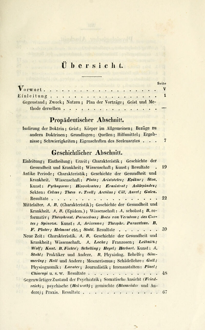 Ü b e r s i c h t. Seite Vorwort . • • V Einleitung 1 Gegenstand; Zweck; Nutzen; Plan der Vortrage; Geist und Me- thode derselben ................ — Propädeutischer Abschnitt. Isolirung der Doktrin ; Geist; Körper im Allgemeinen; Bezüge zu andern Doktrinen; Grundlagen; Quellen; Hilfsmittel; Ergeb- nisse ; Schwierigkeiten; Eigenschaften des Seelenarztes ... 7 Geschichtlicher Abschnitt. Einleitung; Eintheilung; Urzeit; Charakteristik; Geschichte der Gesundheit und Krankheit; Wissenschaft; Kunst; Resultate . 19 Antike Periode; Charakteristik; Geschichte der Gesundheit und Krankheit. Wissenschaft: Pinto; Aristoteles; Epikur; Stoa. Kunst: Pylhagorns; Hiin>oki(tles; Erasisirnt; Asklepiades; Sekten: Cehus; Thess r.Trttll; Aretüus; Cäl, Aurel; Galen. Resultate 22 Mittelalter. A. B. (Charakteristik); Geschichte der Gesundheit und Krankheit. A. B. (Epidera.); Wissenschaft: A. scholast; ß. re- formativ; Theophrast. Pamcelsus; Baco von Verulinn ; des Cm- (es; Splnozd. Kunst: A. Aricennn; Theophr. Paracelsus. B. F. Pliiter; Helinont etc.; SUihl. Resultate 39 Neue Zeit: Charakteristik. A. B. Geschichte der Gesundheit und Krankheit; Wissenschaft. A. Locke; Franzosen; Leibnii%; Wolf; Kant. B.Fichte; Schelling; Hegel; Herbari. Kunst; A. Stahl; Praktiker und Andere. B. Physiolog. Behelfe; Söm- mering; i{ei7 und Andere; Mesmerismus; Schädellehre: Galt; Physiognomik: Lavater- Journalistik; Irrenanstalten: Pinel; Chinnigi u. s. w. Resultate 48 Gegenwärtiger Zustand der Psychiatrik; Somatische Ansicht (Fried- reich)-^ psychische {Heiuoih); gemischte (Blumröder und An- dere^; Praxis, Resultate 67