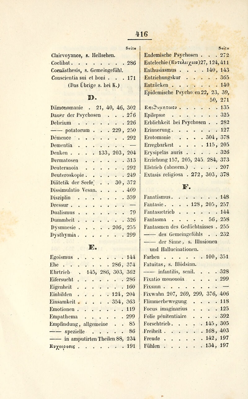 U6 Seite Clairvoyance, s. Hellsehen. Coelibat 286 Coenästhesis, s. Gemeingefiihl. Conscientia sui et boni . . .171 (Das Übrige s. bei \i.) Dämonomanie . 21, 40, 46, 302 Dauer der Psychosen . . .276 Dehrium . 226 potatorum . . .229, 250 Demence ' . 292 Dementia ....... — Denken . . . . 133, 203, 204 Dermatosen 313 Deuteranoia 292 Deuteroskopie 249 Diätetik der Seele.' . . 30, 372 Dissimulatio Vesan 409 Disziplin 359 Dressur — Dualismus . 79 Dummheit . . . . . . .326 Dysmnesie ..... 206, 255 Dysthymia 299 Egoismus 144 Ehe 286, 374 Ehrtrieb . 145, 286, 303, 362 Eifersucht 286 Eigenheit 160 Einbilden 124, 204 Einsamkeit . ; . . . 354, 363 Emotionen ....... 119 Empathema 299 Empfindung, allgemeine . . 85 spezielle 86 in amputirten Theilen 88, 234 E.vyttQt.ms . 191 Seita Endemische Psychosen . . .272 Entelechie (EyTeX£t;^£ca)27, 124,411 Enthusiasmus .... 140, 143 Entziehungskur . , . . . 365 Entzücken 140 Epidemische Psycho: eu 22, 23, 39, 50, 271 Ens^'jp.nTtx.cy 135 Epilepsie 325 Erblichkeit bei Psychosen . . 282 Erinnerung 127 Erotomanie . . . .304, 378 Erregbarkeit . . . . 115, 205 Erysipelas auris . . . , . 326 Erziehung 157, 205, 245, 284, 373 Elstrieb (abnorm.) .... 207 Extasis religiosa . 272, 303, 378 F. Fanatismus. ...... 148 Fantasie. . . .128, 205, 257 Fantasie trieb 144 Fantasma . . . . . 56, 258 Fantasmen des Gedächtnisses . 255 des Gemeingefiihls . . 232 der Sinne ^ s. Illusionen und Hallucinationeu. Farben 100, 351 Fatuitas, s. Blödsinn. —— infantiüs, senil. . . . 328 Fixatio mononoia .... 299 Fixsinn — Fixwahn 207, 269, 299. 376, 406 Flimmerbewegung . . . .118 Focus imaginarius .... 125 Folie penitentiaire .... 392 Forschtrieb 145, 305 Freiheit . . . . . .168, 403 Freude ...... 142, 197 Fühlen 134, 197