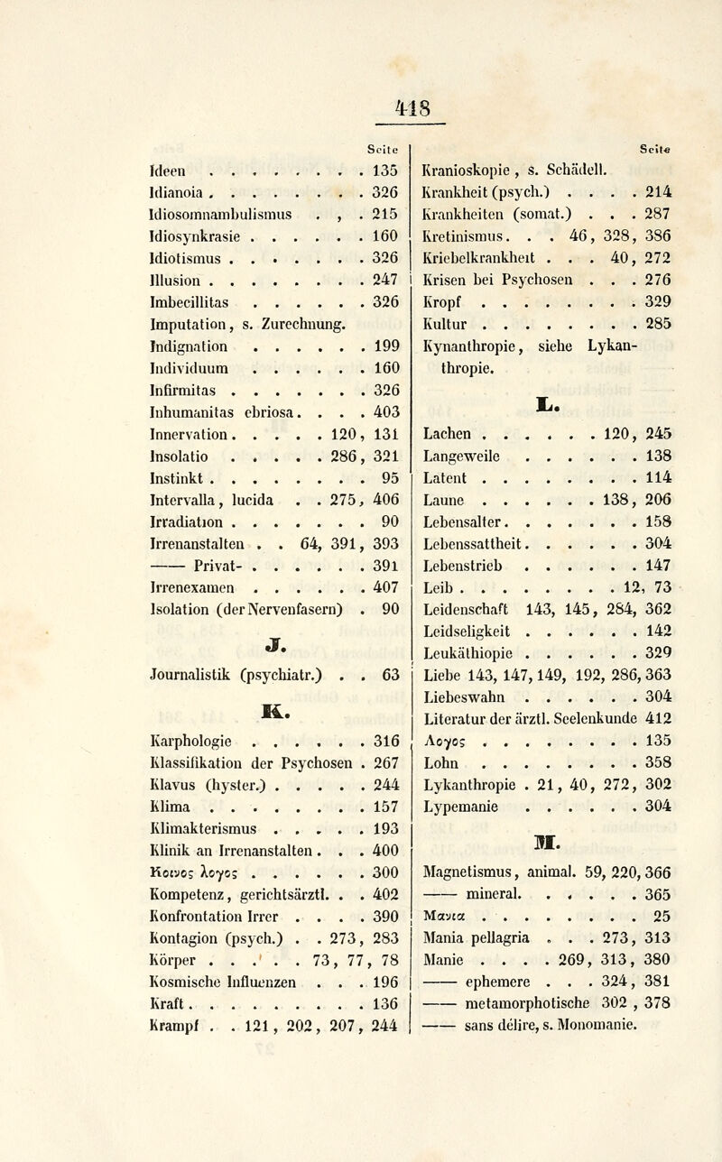 Seite Ideen 135 Idianoia 326 Idiosomnambulismus . , . 215 Idiosynkrasie 160 Idiotismus 326 Illusion 247 Imbecillitas 326 Imputation, s. Zurechnung. Indignation 199 Individuum 160 Infirmitas 326 Inhumanitas ebriosa. . . . 403 Innervation 120, 131 Insolatio . . . . . 286, 321 Instinkt 95 Intervalla, lucida . .275, 406 Irradiation 90 Irrenanstalten . . 64, 391, 393 Privat- 391 Irrenexamen 407 Isolation (der Nervenfasern) . 90 J. Journalistik (psychlatr.) . . 63 KL. Karphologie 316 Klassifikation der Psychosen . 267 Klavus (hyster.) 244 Klima . 157 Klimakterismus 193 KUnik an Irrenanstalten . . . 400 Kocvo; Xoyc; 300 Kompetenz, gerichtsärztl. . . 402 Konfrontation Irrer .... 390 Kontagion (psych.) . .273, 283 Körper . . .' . . 73, 77, 78 Kosmische Influenzen . . . 196 Kraft 136 Krampf , .121, 202, 207, 244 Seif« Kranioskopie , s. Schädell. Krankheit (psych.) .... 214 Krankheiten (somat.) . . . 287 Kretinismus. . . 46, 328, 386 Kriebelkrankheit . . . 40, 272 Krisen bei Psychosen . . .276 Kropf 329 Kultur 285 Kynanthropie, siehe Lykan- thropie. Jj. Lachen 120, 245 Langeweile 138 Latent 114 Laune 138, 206 Lebensalter 158 Lebenssattheit 304 Lebenstrieb 147 Leib 12, 73 Leidenschaft 143, 145, 284, 362 Leidseligkeit 142 Leukäthiopie 329 Liebe 143, 147,149, 192, 286, 363 Liebeswahn 304 Literatur der ärztl. Seelenkunde 412 Aoyo; 135 Lohn 358 Lykanthropie . 21, 40, 272, 302 Lypemanie 304 M. Magnetismus, animal. 59, 220,366 mineral 365 Mavia 25 Mania pellagria . . .273, 313 Manie . . . . 269, 313, 380 ephemere . . . 324, 381 metamorphotische 302 , 378 Sans delire, s. Monomanie.