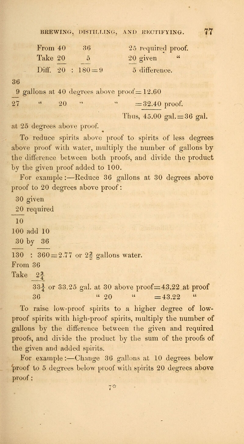 BREWING, DISTILLING, AND liECTIFYING. From 40 36 25 ]'eqnired proof. Take 20 5 20 given  Diff. 20 : 180 = 9 5 difference. 77 36 9 gallons at 40 degrees above proof—12.60 27 ^' 20  ^' :r=32.4Q proof. Thus, 45.00 gal. = 36 gal at 25 degrees above proof. To reduce spirits above proof to spirits of less degrees above proof with water, multiply the number of gallons by the difference between both proofs, and divide the product by the given proof added to 100. For example:—Reduce 36 gallons at 30 degrees above proof to 20 degrees above proof: 30 given 20 required 10 100 add 10 .30 by 36 130 : 360 = 2.77 or 2-| gallons water. From 36 Take 2f 33i or 33.25 gal. at 30 above proof=43.22 at proof 36  20  =43.22  To raise low-proof spirits to a higher degree of low- proof spirits with high-proof spirits, multiply the number of gallons by the difference between the given and required proofs, and divide the product by the sum of the proofs of the given and added spirits. For example:—Change 36 gallons at 10 degrees below ^proof to 5 degrees below proof with spirits 20 degrees above proof: