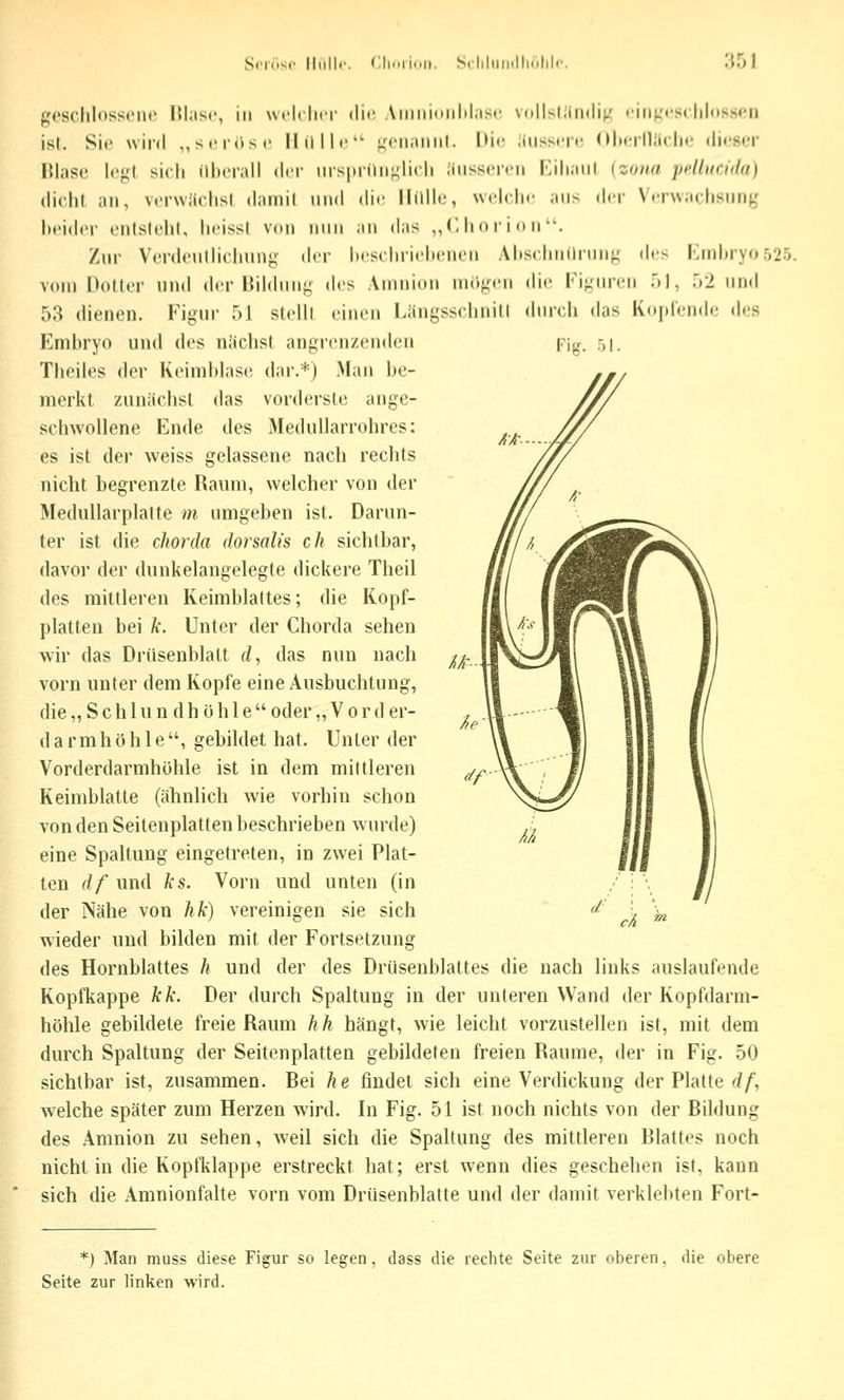 Svvösv llllllr. <;iioii,,ii. Srlilun.llinlilf .'{51 f^M'SchldSst'iic Itl.isc, in wciclicr die Amiii(iiilil;isf vcillshimli;.' rm^-rsrlildssrn ist. Sie wii'il ,,si'n>sf lliillc ■^^ciiamil. hie äusserte (HmüII.'mIh' «lirscr niaso logt sich ilhcrall der iiis|»rili);;li(li .'iiisscn'ii Kiliaiil (zona pe.Uitdila) (liclil an, vtTwiichsl damit und die llilll»;, wrlclir ans der ViTwaclisiiiig hcidcr »Milslt'lil, licissl vctii iiiiii an das „(] ho ri nn. Zur Verdcnlhcliun«,^ der hcscInichcntMi Ahschnilrnn;; t\i'<' Kinhryo r>25. vom Dottor und d.-r Uildniig dos Amnion mögen i\'n\ Vv^nrcu .')), :)> nnd 53 dienen. Figur 51 stellt einen LängsschnitI durch das KopIV-nde des Embryo und des näclisl angrenzenden Pig. 51. Theiles der Keimhlase dar.*) Man be- merkt zunächst das vorderste ange- schwollene Ende des Medullarrohres: es ist der weiss gelassene nach rechts nicht begrenzte Raum, welcher von der Medullarplalfe m umgeben ist. Darun- ter ist die chorda dorsalis ch sichtbar, davor der dunkelangelegte dickere Theil des mittleren Keimblattes; die Kopf- platten bei k. Unter der Chorda sehen wir das Driisenblatt d, das nun nach vorn unter dem Kopfe eine Ausbuchtung, die „ S c h 1 u n d h ö h l e  oder „Vor d er- darmhöhle, gebildet hat. Unter der Vorderdarmhohle ist in dem mittleren Keimblatle (ähnlich wie vorhin schon von den Seitenplatten beschrieben wurde) eine Spaltung eingetreten, in zwei Plat- ten df und ks. Vorn und unten (in der Nähe von hk) vereinigen sie sich wieder und bilden mit der Fortsetzung des Hornblattes h und der des Driisenblattes die nach links auslaufende Kopfkappe kk. Der durch Spaltung in der unteren Wand der Kopfdarm- höhle gebildete freie Raum hh hängt, wie leicht vorzustellen ist, mit dem durch Spaltung der Seitenplatten gebildeten freien Räume, der in Fig. 50 sichtbar ist, zusammen. Bei he findet sich eine Verdickung der Platte df, welche später zum Herzen wird. In Fig. 51 ist noch nichts von der Bildung des Amnion zu sehen, weil sich die Spaltung des mittleren Blattes noch nicht in die Kopfklappe erstreckt hat; erst wenn dies geschehen ist, kann sich die Amnionfalte vorn vom Drüsenblatte und der damit verkleinen Fort- //?--■ *) Man muss diese Figur so legen, dass die rechte Seite zur oberen. die obere Seite zur linken wird.