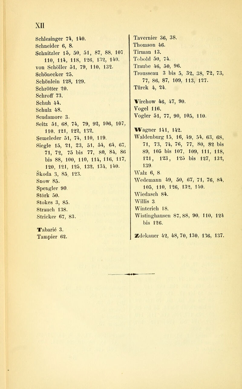 Schlesinger 74, 140. Schneider 6, 8. Schnitzler 15, 50, 51, 87, 88, 107. 110, 114, 118, 126, n2, 140. von Schöller 51, 79, 110, 132. Schönecker 25. Schönlein 128, 129. Schrötter 20. Schroff 73. Schuh 44. Schulz 48. Scudamore 3. Seitz 51, 68, 74, 79, 92, 106, 107, 110. 121, 122, 132. Semeleder 51, 74, 110, 119. Siegle 15, 21, 23, 51, 54, 64, 67, 71, 72, 75 bis 77, 80, 84, 86 bis 88, 100, 110, 114, 116, 117, 120, 121, 125, 132, 134, 140. Skoda 3, 85, 123. Snow 85. Spengler 90. Störk 50. Stokes 3, 85. Strauch 138. Stricker 67, 83. Tabari^ 3. Tampier 62. Tavernier 36, 38. Thomson 46. Tirman 13. Tobold 50, 74. Traube 46, 50, 96. Trousseau 3 bis 5, 32, 38, 72, 73, 77, 86, 87, 109, 113, 127. Türck 4, 24. Virchow 46, 47, 90. Vogel 116. Vogler 51, 77, 90, 105, 110. Wagner 141, 142. Waidenburg 15, 16, 49, 54, 63, 68, 71, 73, 74, 76, 77, 80, 82 bis 89, 105 bis 107, 109, 111, 118, 121, 123, 125 bis 127, 132, 139. Walz 6, 8. Wedemann 49, 50, 67, 71, 76, 84, 105, 110, 126, 132, 140. Wiedasch 84. Willis 3 Winterich 18. Wistinghausen 87,88, 90, 110, 124 bis 126. Zdekaner 42, 48, 70, 130, 136, 137.