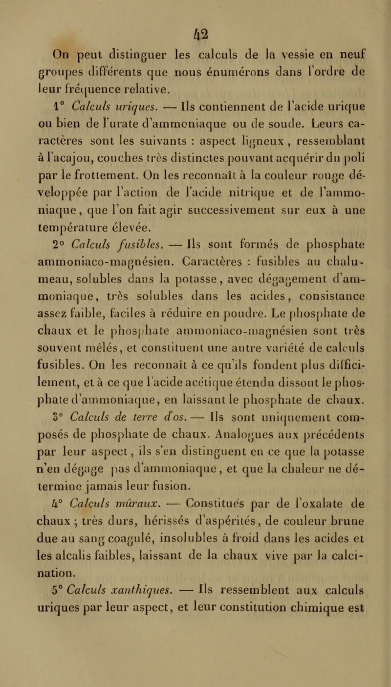 On peut distinguer les calculs de la vessie en neuf groupes différents que nous énumérons dans Tordre de leur frét|uence relative. 1° Calculs uriques. — Ils contiennent de Tacide urique ou bien de l'urate d'ammoniaque ou de soude. Leurs ca- ractères sont les suivants : aspect lijjneux , ressend^lant à Tacajou, couches très distinctes pouvant acquérir du |)oli par le frottement. On les reconnaît à la couleur rouge dé- veloppée par Faction de l'acide nitiique et de l'ammo- niaque, que Ton fait agir successivement sur eux à une température élevée. 2° Calculs fusibles. — Ils sont formés de phosphate ammoniaco-magnésien. Caractères : fusibles au chalu- meau, solubles dans la potasse, avec dégagement d'am- moniaque, très solubles dans les acides, consistance assez faible, faciles à réduire en poudre. Le phosphate de chaux et le phos|}liate ammoniaco-magnésien sont très souvent mêlés, et constituent une autre variété de calculs fusibles. On les reconnaît à ce qu'ils fondent plus diffici- lement, et à ce que l'acide acéticjue étendu dissout le phos- phate d'ammoniaque, en laissant le phosphate de chaux. 3° Calculs de terre dos.— Ils sont unicpiement com- posés de phosphate de chaux. Analogues aux précédents par leur aspect, ils s'en distinguent en ce que la potasse n'en dégage jias d'ammoniaque, et que la chaleur ne dé- termine jamais leur fusion. h^ Calculs muraux. — Constitués par de l'oxalate de chaux ; très durs, hérissés d'aspérités, de couleur brune due au sang coagulé, insolubles à froid dans les acides et les alcalis faibles, laissant de la chaux vive par la calci- nation. 5° Calculs xanthiques. — Ils ressemblent aux calculs uriques par leur aspect, et leur constitution chimique est