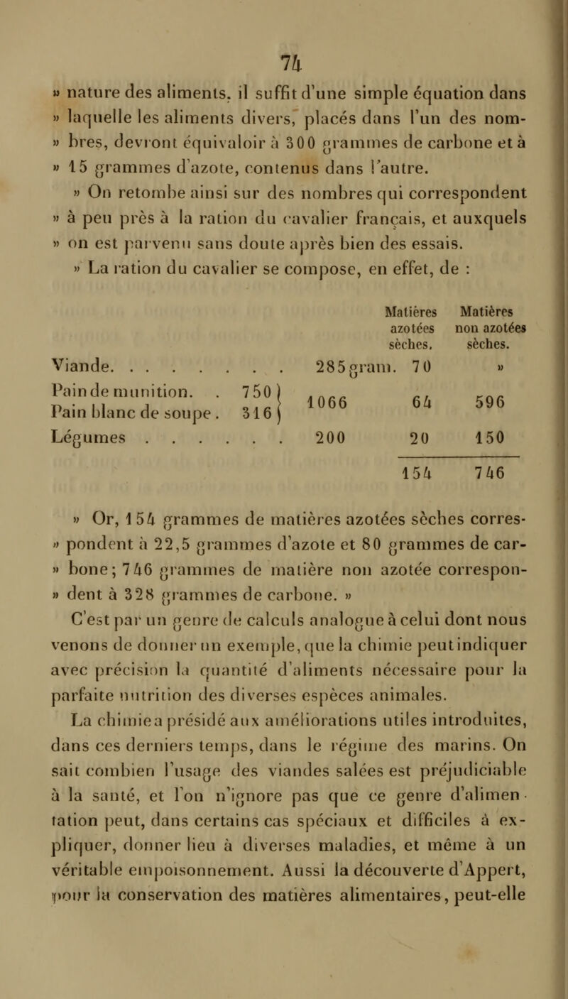 n M nature des aliments, il suffit d'une simple équation dans » laquelle les aliments divers, placés dans Tun des nom- » bres, devront équivaloir à 300 grammes de carbone et à » 15 (grammes d'azote, contenus dans l'autre. » On retombe ainsi sur des nombres qui correspondent » à peu près à la ration du cavalier français, et auxquels » on est parvenu sans doute après bien des essais. » La ration du cavalier se compose, en effet, de : Matières Matières azotées non azotées sèches. sèches. Viande 285(5ram. 7 0 » Painde munition. . 750) .,,__ ^, ^^^ i> • I 1 j o. ^} 1066 oa 596 rain blanc de soupe . 316 j Légumes 200 20 150 \5lx 7^6 » Or, 154 grammes de matières azotées sèches corres-  pondent à 22,5 grammes d'azote et 80 grammes de car- » bone; 7 46 grammes de matière non azotée correspon- » dent à 328 grammes de carbone. » C'est pai- un genre de calculs analogue à celui dont nous venons de donner un exemple, que la chimie peut indiquer avec précision \a quantité d'aliments nécessaire pour la parfaite nutrition des diverses espèces animales. La chimiea présidé aux améliorations utiles introduites, dans ces derniers temps, dans le régime des marins. On sait combien l'usage des viandes salées est préjudiciable à la santé, et Ton n'ignore pas que ce genre d'alimen tation peut, dans certains cas spéciaux et difficiles à ex- pliquer, donner lieu à diverses maladies, et même à un véritable enq)Oisonnement. Aussi la découverte d'Appert, !(>our la conservation des matières alimentaires, peut-elle