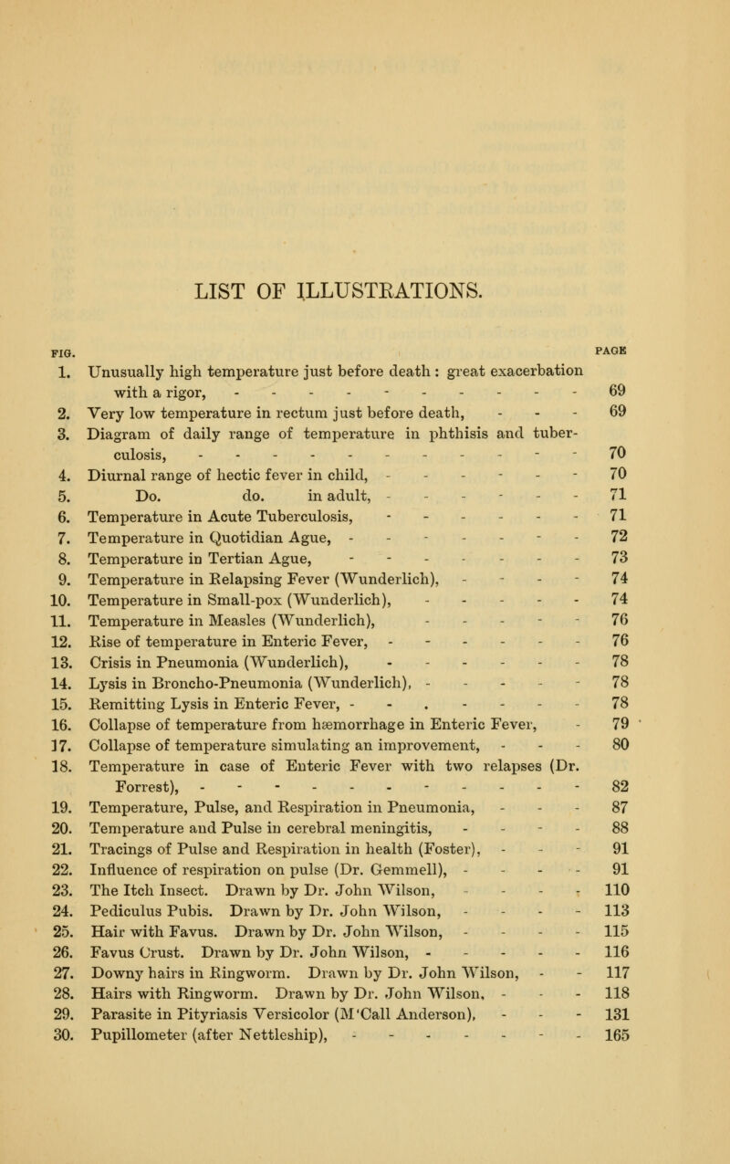 FIG. PAGE 1. Unusually high temperature just before death : great exacerbation with a rigor, ----- 69 2. Very low temperature in rectum just before death, . - - 69 3. Diagram of daily range of temperature in phthisis and tuber- culosis, ----- 70 4. Diurnal range of hectic fever in child, ------ 70 5. Do. do. in adult, ------ 71 6. Temperature in Acute Tuberculosis, - - - - - - 71 7. Temperature in Quotidian Ague, ------- 72 8. Temperature in Tertian Ague, - - . - . - - 73 9. Temperature in Eelapsing Fever (Wunderlich), - - - - 74 10. Temperature in Small-pox (Wunderlich), 74 11. Temperature in Measles (Wunderlich), ----- 76 12. Kise of temperature in Enteric Fever, 76 13. Crisis in Pneumonia (Wunderlich), ...--- 78 14. Lysis in Broncho-Pneumonia (Wunderlich), ----- 78 15. Kemitting Lysis in Enteric Fever, - - . - - - - 78 16. Collapse of temperature from haemorrhage in Enteric Fever, - 79 37. Collapse of temperature simulating an improvement, - - - 80 18. Temperature in case of Enteric Fever with two relaj)ses (Dr. Forrest), -----.----- 82 19. Temperature, Pulse, and Respiration in Pneumonia, - - - 87 20. Temperature and Pulse in cerebral meningitis, - - - - 88 21. Tracings of Pulse and Respiration in health (Foster), - - - 91 22. Influence of respiration on pulse (Dr. Gemmell), - - - - 91 23. The Itch Insect. Drawn by Dr. John Wilson, - - - - 110 24. Pedicuius Pubis. Drawn by Dr. John Wilson, . - . - 113 25. Hair with Favus. Drawn by Dr. John Wilson, . - - - 115 26. Favus Crust. Drawn by Dr. John Wilson, 116 27. Downy hairs in Ringworm. Drawn by Dr. John AVilson, - - 117 28. Hairs with Ringworm. Drawn by Dr. John Wilson, - - - 118 29. Parasite in Pityriasis Versicolor (M'Call Anderson), - - - 131 30. Pupillometer (after Nettleship), ------- 165