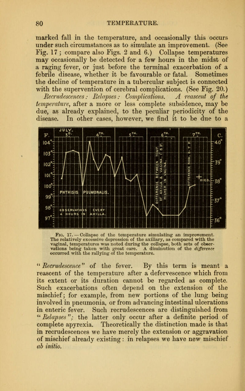 marked fall in the temperature, and occasionally this occurs under such circumstances as to simulate an improvement. (See Fig. 17; compare also Figs. 2 and 6.) Collapse temperatures may occasionally be detected for a few hours in the midst of a raging fever, or just before the terminal exacerbation of a febrile disease, whether it be favourable or fatal. Sometimes the decline of temperature in a tubercular subject is connected with the supervention of cerebral complications. (See Fig. 20.) Recrudescences: Relapses: Comfplications, A reascent of the temperature, after a more or less complete subsidence, may be due, as already explained, to the peculiar periodicity of the disease. In other cases, however, we find it to be due to a J U LY. F. 5?- ^T_M. 5 TH. 6^_^ . 7T.- ~\ c. i ...» 4- ^ ^ ^ r 1, 1 1 __ r i 1 1 n_ 1 1 i 1 M J 1 ! \ 104 i~ r -*« 1 J ,_ t~ ~ ,6:1 ■i 1 1 i 1 ' Hi »^ 1 1 i :^ ! : 0** \i \\\ ^J i { L 4 1 --fi Jf-T -Li- --J -z 9^ 1 '^^ : i i .n|0' \Vt U- U I I —f-'li i i -^J L- ^ M ^1 ! |i 11 1 \ i '0' : J ! 0- 1 i/r 1 1 I l*s. / ti |a 1 1 ij ! IS 1 L CI  i 1 ■'ir^ B^ . ioo--t- -X- H^TH •s IS pb mUa| J. ~ 't ^- \r ■-hi j-i-jj— 5*5 1 •' 1 ff-1~ : 99- j 1 j ■ tl 1 . i .1- __ ._! t _ . -4) :i| tt 111. Tl 7 i 98 : io 1.0 RV U At||0 IS RSJ IN ivb Y 44 4_ 1 |) '{^ If 1 44 ■i [ h 4 J L : 3 97 J 1 1 1 1 i i 1 -\— 1 1 _L ^1 1 r 1 1 1 !tii lAi. ~r^^ Fig. 17. — Collapse of the temperature simulating an improvement. The relatively excessive depression of the axillary, as compared with the vaginal, temperatures was noted during the collapse, both sets of obser- vations being taken with great care. A diminution of the difference occurred with the rallying of the temperature. *' Recrudescence of the fever. By this term is meant a reascent of the temperature after a defervescence which from its extent or its duration cannot be regarded as complete. Such exacerbations often depend on the extension of the mischief; for example, from new portions of the lung being involved in pneumonia, or from advancing intestinal ulcerations in enteric fever. Such recrudescences are distinguished from ** Relapses ; the latter only occur after a definite period of complete apyrexia. Theoretically the distinction made is that in recrudescences we have merely the extension or aggravation of mischief already existing : in relapses we have new mischief ab initio.