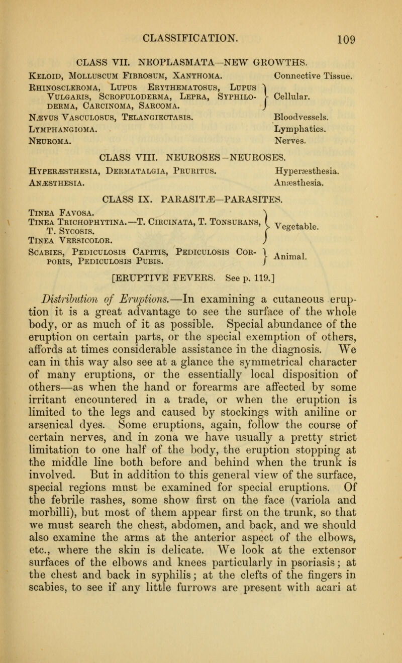 CLASS VIL NEOPLASMATA—NEW GROWTHS. Keloid, Molluscum Fibrosum, Xanthoma. Connective Tissue. Rhinoscleroma, Lupus Erythematosus, Lupus ^ Vulgaris, Scrofuloderma, Lepra, Syphilo- V Cellular. derma, Carcinoma, Sarcoma. J NiEvus Vasculosus, Telangiectasis. Bloodvessels. Lymphangioma. Lymphatics. Neuroma. Nerves. CLASS VIII. NEUROSES-NEUROSES. HYPERiESTHESiA, Dermatalgia, Pruritus. Hypersesthesia. Anaesthesia. AnjBsthesia. CLASS IX. PARASITE—PARASITES. Tinea Favosa. \ Tinea Trichophytina.—T. CiRciNATAjT. Tonsurans, ( v^^^+^ki T. Sycosis. ( vegetable. Tinea Versicolor. J Scabies, Pediculosis Capitis, Pediculosis Cor- \ An-vyiai poRis, Pediculosis Pubis. J ^^i^^^- [ERUPTIVE FEVERS. See p. 119.] Distribution of Eruptions.—In examining a cutaneous erup- tion it is a great advantage to see the surface of the whole body, or as much of it as possible. Special abundance of the eruption on certain parts, or the special exemption of others, affords at times considerable assistance in the diagnosis. We can in this way also see at a glance the symmetrical character of many eruptions, or the essentially local disposition of others—as when the hand or forearms are affected by some irritant encountered in a trade, or when the eruption is limited to the legs and caused by stockings with aniline or arsenical dyes. Some eruptions, again, follow the course of certain nerves, and in zona we have usually a pretty strict limitation to one half of the body, the eruption stopping at the middle line both before and behind when the trunk is involved. But in addition to this general view of the surface, special regions must be examined for special eruptions. Of the febrile rashes, some show first on the face (variola and morbilli), but most of them appear first on the trunk, so that we must search the chest, abdomen, and back, and we should also examine the arms at the anterior aspect of the elbows, etc., where the skin is delicate. We look at the extensor surfaces of the elbows and knees particularly in psoriasis; at the chest and back in syphilis; at the clefts of the fingers in scabies, to see if any little furrows are present with acari at