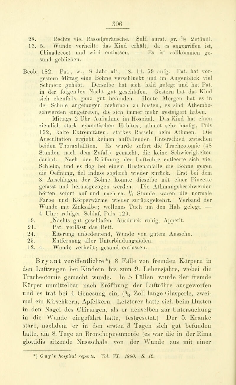 28. Rechts viel Rasselgeräusche. Sulf. anrät, gr. % 2stündl. 13. 5. Wunde verheilt; das Kind erhält, da es angegriffen ist, Chinadecoct und wird entlassen. — Es i.st vollkommen ge- sund geblieben. Beob. 182. Pat., w., 8 Jahr alt, IS. 11. 59 aufg. Fat. hat vor- gestern Mittag eine Bohne verschluckt und im Augenblick viel Schmerz gehabt. Derselbe hat sich bald gelegt und hat Pat. in der folgenden Nacht gut geschlafen. Gestern hat das Kind sich ebenfalls ganz gut befunden. Heute Morgen hat es in der Schule angefangen mehrfach zu husten, es sind Athembe- schwerden eingetreten, die sich immer mehr gesteigert haben. Mittags 2 Uhr Aufnahme im Hospital. Das Kind hat einen ziemlich stark cyanotischen Habitus, athmet sehr häufig, Puls 152, kalte Extremitäten, starkes Rasseln beim Athmen. Die Auscultation ergiebt keinen auffallenden Unterschied zwischen beiden Thoraxhälften. Es wurde sofort die Tracheotomie (4S Stunden nach dem Zufall) gemacht, die keine Schwierigkeiten darbot. Nach der Eröffnung der Luftröhre entleerte sich viel Schleim, und es flog bei einem Hustenanfalle die Bohne gegen die Oeffnung, fiel indess sogleich wieder zurück. Erst bei dem 3. Anschlagen der Bohne konnte dieselbe mit einer Pincette gefasst und herausgezogen werden. Die Athmungsbeschwerden hörten sofort auf und nach ca. lU Stunde waren die normale Farbe und Körperwärme wieder zurückgekehrt. Verband der Wunde mit Zinksalbe; wollenes Tuch um den Hals gelegt. — 4 Uhr: ruhiger Schlaf, Puls 120. 19. Nachts gut geschlafen, Ausdruck ruhig, Appetit. 21. Pat. veriässt das Bett. 24. Eiterung unbedeutend, Wunde von gutem Aussehn. 25. Entfernung aller Unterbindungsfäden. 12. 4. Wunde verheilt; gesund entlassen. Bryant veröffentlichte*) 8 Fälle von fremden Körpern in den Luftwegen bei Kindern bis zum 9. Lebensjahre, wobei die Tracheotomie gemacht wurde. In 5 Fällen wurde der fremde Körper unmittelbar nach Eröffnung der Luftröhre ausgeworfen und es trat bei 4 Genesung ein, (3/4 Zoll lange Glasperle, zwei- mal ein Kirschkern, Apfelkern. Letzterer hatte sich beim Husten in den Nagel des Chirurgen, als er denselben zur Untersuchung in die Wunde eingeführt hatte, festgesetzt.) Der 5. Kranke starb, nachdem er in den ersten 3 Tagen sich gut befunden hatte, am 8. Tage an Bronchopneumonie (es war die in derEima glottidis sitzende Nussschale von der Wunde aus mit einer *) Guy's hospital reports. Vol. VI. 1S60. S. 12.