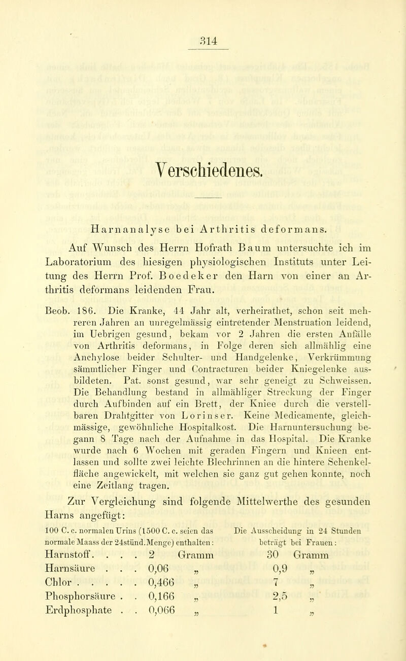 Verschiedenes. Harnanalyse bei Arthritis de form ans. Auf Wunsch des Herrn Hofrath Baum untersuchte ich im Laboratorium des hiesigen physiologischen Instituts unter Lei- tung des Herrn Prof. Boedeker den Harn von einer an Ar- thritis deformans leidenden Frau. Beob. 186. Die Kranke, 44 Jahr alt, verb.eiratb.et, schon seit meh- reren Jahren an unregelmässig eintretender Menstruation leidend, im Uebrigen gesund, bekam vor 2 Jahren die ersten Anfälle von Arthritis deformans, in Folge deren sich alhnählig eine Anehylose beider Schulter- und Handgelenke, Verkrümmung sämmtlicher Finger und Contracturen beider Kniegelenke aus- bildeten. Pat. sonst gesund, war sehr geneigt zu Schweissen. Die Behandlung bestand in allmähliger Streckung der Finger durch Aufbinden auf ein Brett, der Kniee durch die verstell- baren Drahtgitter von Lorinser. Keine Medicamente, gleich- massige, gewöhnliche Hospitalkost. Die Harnuntersuchung be- gann 8 Tage nach der Aufnahme in das Hospital. Die Kranke wurde nach 6 Wochen mit geraden Fingern und Knieen ent- lassen und sollte zwei leichte Blechrinnen an die hintere Schenkel- fläche angewickelt, mit welchen sie ganz gut gehen konnte, noch eine Zeitlang tragen. Zur Vergleichung sind folgende Mittelwerthe des gesunden Harns angefügt: 100 C. c. normalen Urins (1500 C. c. seien das normale Maass der 24stünd.Menge) enthalten: Gramm Harnstoff. . 2 Harnsäure . . 0,06 Chlor .... . 0,466 Phosphorsäure . . 0,166 Erdphosphate . . 0,066 Die Ausscheidung in 24 Stunden beträgt bei Frauen: 30 Gi amm 0,9 » 7 55 2,5 )j 1 ;?