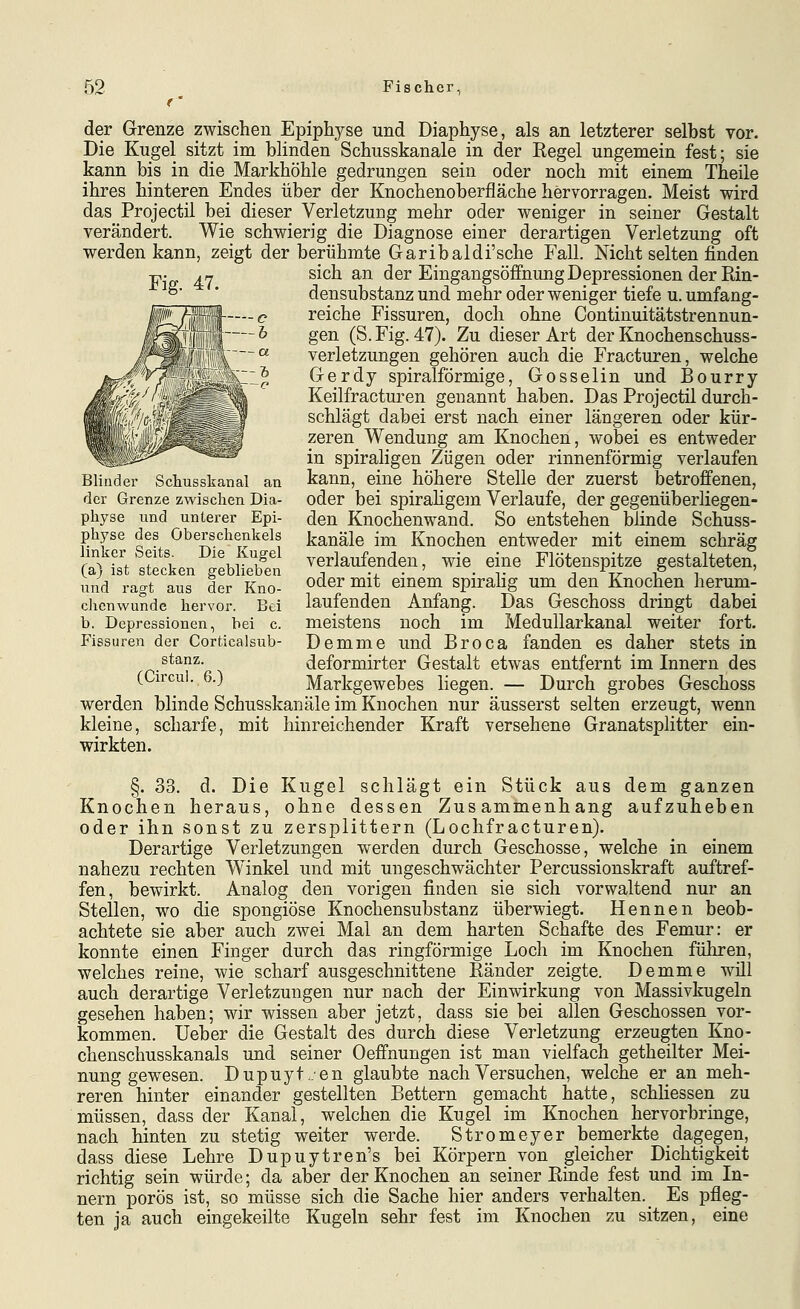 Fig. 47. der Grenze zwischen Epiphyse und Diaphyse, als an letzterer selbst vor. Die Kugel sitzt im blinden Schusskanale in der Regel ungemein fest; sie kann bis in die Markhöhle gedrungen sein oder noch mit einem Theile ihres hinteren Endes über der Knochenoberfläche hervorragen. Meist wird das Projectil bei dieser Verletzung mehr oder weniger in seiner Gestalt verändert. Wie schwierig die Diagnose einer derartigen Verletzung oft werden kann, zeigt der berühmte Garibaldi'sche Fall. Nicht selten finden sich an der Eingangsöffnung Depressionen der Rin- densubstanz und mehr oder weniger tiefe u. umfang- reiche Fissuren, doch ohne Gontinuitätstrennun- gen (S. Fig. 47). Zu dieser Art der Knochenschuss- verletzungen gehören auch die Fracturen, welche Gerdy spiralförmige, Gosselin und Bourry Keilfracturen genannt haben. Das Projectil durch- schlägt dabei erst nach einer längeren oder kür- zeren Wendung am Knochen, wobei es entweder in spiraligen Zügen oder rinnenförmig verlaufen kann, eine höhere Stelle der zuerst betroffenen, oder bei spirahgem Verlaufe, der gegenüberliegen- den Knochenwand. So entstehen blinde Schuss- kanäle im Knochen entweder mit einem schräg verlaufenden, wie eine Flötenspitze gestalteten, oder mit einem spiralig um den Knochen herum- Das Geschoss dringt dabei Blinder Schusskanal an der Grenze zwischen Dia- physe nnd unterer Epi- physe des Oberschenkels linker Seits. Die Kugel (a) ist stecken geblieben und ragt aus der Kno- t n -, k r - clicnwunde hervor. Bei lautenden Antang b. Depressionen, bei c. meistens noch im Medullarkanal weiter fort. Fissuren der Corticalsub- Demme und Broca fanden es daher stets in stanz. deformirter Gestalt etwas entfernt im Innern des (Circui. 6.) Markgewebes liegen. — Durch grobes Geschoss werden blinde Schusskanäle im Knochen nur äusserst selten erzeugt, wenn kleine, scharfe, mit hinreichender Kraft versehene Granatsplitter ein- wirkten. §. 33. d. Die Kugel schlägt ein Stück aus dem ganzen Knochen heraus, ohne dessen Zusammenhang aufzuheben oder ihn sonst zu zersplittern (Lochfracturen). Derartige Verletzungen werden durch Geschosse, welche in einem nahezu rechten Winkel und mit ungeschwächter Percussionskraft auftref- fen, bewirkt. Analog den vorigen finden sie sich vorwaltend nur an Stellen, wo die spongiöse Knochensubstanz überwiegt. Hennen beob- achtete sie aber auch zwei Mal an dem harten Schafte des Femur: er konnte einen Finger durch das ringförmige Loch im Knochen führen, welches reine, wie scharf ausgeschnittene Ränder zeigte. Demme will auch derartige Verletzungen nur nach der Einwirkung von Massivkugeln gesehen haben; wir wissen aber jetzt, dass sie bei allen Geschossen vor- kommen. Ueber die Gestalt des durch diese Verletzung erzeugten Kno- chenschusskanals und seiner Oeffnungen ist man vielfach getheilter Mei- nung gewesen. Dupuytren glaubte nach Versuchen, welche er an meh- reren hinter einander gestellten Bettern gemacht hatte, schliessen zu müssen, dass der Kanal, welchen die Kugel im Knochen hervorbringe, nach hinten zu stetig weiter werde. Stromeyer bemerkte dagegen, dass diese Lehre Dupuytren's bei Körpern von gleicher Dichtigkeit richtig sein würde; da aber der Knochen an seiner Rinde fest und im In- nern porös ist, so müsse sich die Sache hier anders verhalten. Es pfleg- ten ja auch eingekeilte Kugeln sehr fest im Knochen zu sitzen, eine