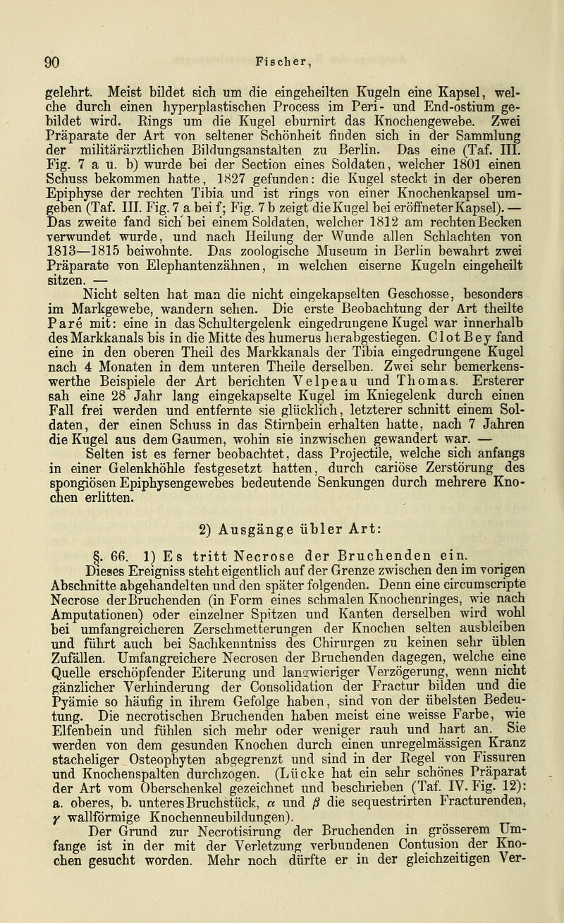 gelehrt. Meist bildet sich um die eingeheilten Kugeln eine Kapsel, wel- che durch einen hyperplastischen Process im Peri- und End-ostium ge- bildet wird. Kings um die Kugel eburnirt das Knochengewebe. Zwei Präparate der Art von seltener Schönheit finden sich in der Sammlung der militärärztlichen Bildungsanstalten zu Berlin. Das eine (Taf. III. Fig. 7 a u. b) wurde bei der Section eines Soldaten, welcher 1801 einen Schuss bekommen hatte, 1827 gefunden: die Kugel steckt in der oberen Epiphyse der rechten Tibia und ist rings von einer Knochenkapsel um- geben (Taf. III. Fig. 7 a bei f; Fig. 7 b zeigt die Kugel bei eröffneter Kapsel). — Das zweite fand sich bei einem Soldaten, welcher 1812 am rechtenBecken verwundet wurde, und nach Heilung der Wunde allen Schlachten von 1813—1815 beiwohnte. Das zoologische Museum in Berlin bewahrt zwei Präparate von Elephantenzähnen, m welchen eiserne Kugeln eingeheilt sitzen. — Nicht selten hat man die nicht eingekapselten Geschosse, besonders im Markgewebe, wandern sehen. Die erste Beobachtung der Art theilte Pare mit: eine in das Schultergelenk eingedrungene Kugel war innerhalb des Markkanals bis in die Mitte des humerus herabgestiegen. C1 ot B e y fand eine in den oberen Theil des Markkanals der Tibia eingedrungene Kugel nach 4 Monaten in dem unteren Theile derselben. Zwei sehr bemerkens- werthe Beispiele der Art berichten Velpeau und Thomas. Ersterer sah eine 28 Jahr lang eingekapselte Kugel im Kniegelenk durch einen Fall frei werden und entfernte sie glücklich, letzterer schnitt einem Sol- daten, der einen Schuss in das Stirnbein erhalten hatte, nach 7 Jahren die Kugel aus dem Gaumen, wohin sie inzwischen gewandert war. — Selten ist es ferner beobachtet, dass Projectüe, welche sich anfangs in einer Gelenkhöhle festgesetzt hatten, durch cariöse Zerstörung des spongiösen Epiphysengewebes bedeutende Senkungen durch mehrere Kno- chen erlitten. 2) Ausgänge übler Art: §. 6Q. 1) Es tritt Necrose der Bruchenden ein. Dieses Ereigniss steht eigentlich auf der Grenze zwischen den im vorigen Abschnitte abgehandelten und den später folgenden. Denn eine circumscripte Necrose der Bruchenden (in Form eines schmalen Knochenringes, wie nach Amputationen) oder einzelner Spitzen und Kanten derselben wird wohl bei umfangreicheren Zerschmetterungen der Knochen selten ausbleiben und führt auch bei Sachkenntniss des Chirurgen zu keinen sehr üblen Zufällen. Umfangreichere Necrosen der Bruchenden dagegen, welche eine Quelle erschöpfender Eiterung und langwieriger Verzögerung, wenn nicht gänzlicher Verhinderung der Consolidation der Fractur bilden und die Pyämie so häufig in ihrem Gefolge haben, sind von der übelsten Bedeu- tung. Die necrotischen Bruchenden haben meist eine weisse Farbe, wie lElfenbein und fühlen sich mehr oder weniger rauh und hart an. Sie werden von dem gesunden Knochen durch einen unregelmässigen Kranz stacheliger Osteophyten abgegrenzt und sind in der Regel von Fissuren und Knochenspalten durchzogen. (Lücke hat ein sehr schönes Präparat der Art vom Oberschenkel gezeichnet und beschrieben (Taf. IV. Fig. 12): a. oberes, b. unteres Bruchstück, a und ß die sequestrirten Fracturenden, y wallförmige Knochenneubildungen). Der Grund zur Necrotisirung der Bruchenden in grösserem Um- fange ist in der mit der Verletzung verbundenen Contusion der Kno- chen gesucht worden. Mehr noch dürfte er in der gleichzeitigen Ver-