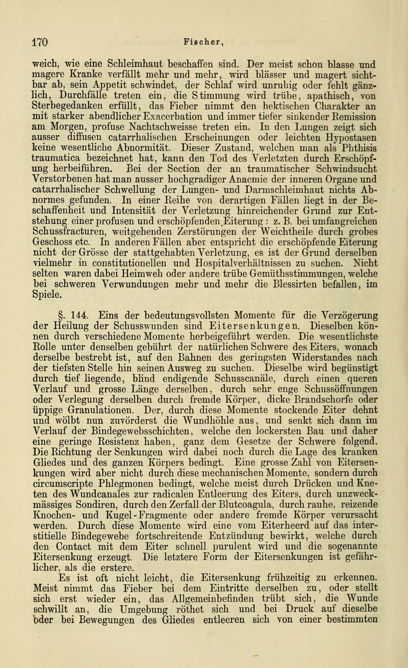 weich, wie eine Schleimhaut beschaffen sind. Der meist schon blasse und magere Kranke verfällt mehr und mehr, wird blässer und magert sicht- bar ab, sein Appetit schwindet, der Schlaf wird unruhig oder fehlt gänz- lich, Durchfälle treten ein, die Stimmung wird trübe, apathisch, von Sterbegedanken erfüllt, das Fieber nimmt den hektischen Charakter an mit starker abendlicher Exacerbation und immer tiefer sinkender Remission am Morgen, profuse Nachtschweisse treten ein. In den Lungen zeigt sich ausser diffusen catarrhalischen Erscheinungen oder leichten Hypostasen keine wesentliche Abnormität. Dieser Zustand, welchen man als Phthisis traumatica bezeichnet hat, kann den Tod des Verletzten durch Erschöpf- ung herbeiführen. Bei der Section der an traumatischer Schwindsucht Verstorbenen hat man ausser hochgradiger Anaemie der inneren Organe und catarrhalischer Schwellung der Lungen- und Darmschleimhaut nichts Ab- normes gefunden. In einer Reihe von derartigen Fällen liegt in der Be- schaffenheit und Intensität der Verletzung hinreichender Grund zur Ent- stehung einer profusen und erschöpfenden .Eiterung : z. B. bei umfangreichen Schussfracturen, weitgehenden Zerstörungen der Weichtheile durch grobes Geschoss etc. In anderen Fällen aber entspricht die erschöpfende Eiterung nicht der Grösse der stattgehabten Verletzung, es ist der Grund derselben vielmehr in constitutionellen und Hospitalverhältnissen zu suchen. Nicht selten waren dabei Heimweh oder andere trübe Gemüthsstimmungen, welche bei schweren Verwundungen mehr und mehr die Blessirten befallen, im Spiele. §. 144. Eins der bedeutungsvollsten Momente für die Verzögerung der Heilung der Schusswunden sind Eitersenkungen. Dieselben kön- nen durch verschiedene Momente herbeigeführt werden. Die wesentlichste Rolle unter denselben gebührt der natürlichen Schwere des Eiters, wonach derselbe bestrebt ist, auf den Bahnen des geringsten Widerstandes nach der tiefsten Stelle hin seinen Ausweg zu suchen. Dieselbe wird begünstigt durch tief Hegende, blind endigende Schusscanäle, durch einen queren Verlauf und grosse Länge derselben, durch sehr enge Schussöffnungen oder Verlegung derselben durch fremde Körper, dicke Brandschorfe oder üppige Granulationen. Der, durch diese Momente stockende Eiter dehnt und wölbt nun zuvörderst die Wundhöhle aus, und senkt sich dann im Verlauf der Bindegewebsschichten, welche den lockersten Bau und daher eine geringe Resistenz haben, ganz dem Gesetze der Schwere folgend. Die Richtung der Senkungen wird dabei noch durch die Lage des kranken Gliedes und des ganzen Körpers bedingt. Eine grosse Zahl von Eitersen- kungen wird aber nicht durch diese mechanischen Momente, sondern durch circumscripte Phlegmonen bedingt, welche meist durch Drücken und Kne- ten des Wundcanales zur radicalen Entleerung des Eiters, durch unzweck- mässiges Sondiren, durch den Zerfall der Blutcoagula, durch rauhe, reizende Knochen- und Kugel - Fragmente oder andere fremde Körper verursacht werden. Durch diese Momente wird eine vom Eiterheerd auf das inter- stitielle Bindegewebe fortschreitende Entzündung bewirkt, welche durch den Contact mit dem Eiter schnell purulent wird und die sogenannte Eitersenkung erzeugt. Die letztere Form der Eitersenkungen ist gefähr- licher, als die erstere. Es ist oft nicht leicht, die Eitersenkung frühzeitig zu erkennen. Meist nimmt das Fieber bei dem Eintritte derselben zu, oder stellt sich erst wieder ein, das Allgemeinbefinden trübt sich, die Wunde schwillt an, die Umgebung röthet sich und bei Druck auf dieselbe oder bei Bewegungen des Gliedes entleeren sich von einer bestimmten