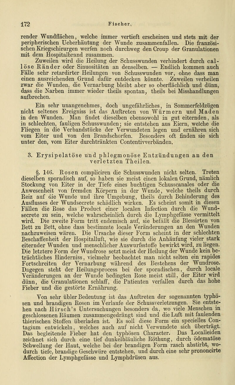 render Wirndflächen, welche immer vertieft erscheinen und stets mit der peripherischen Ueberhäutung der Wunde zusammenfallen. Die französi- schen Kriegschirurgen werfen noch durchweg den Croup der Granulationen mit dem Hospitalbrand zusammen. Zuweilen wird die Heilung der Schusswunden verhindert durch cal- löse Eander oder Sinuositäten an denselben. — Endlich kommen auch Fälle sehr retardirter Heilungen von Schusswunden vor, ohne dass man einen ausreichenden Grund dafür entdecken könnte. Zuweilen verheilen zwar die Wunden, die Vernarbung bleibt aber so oberflächlich und dünn, dass die Narben immer wieder theils spontan, theils bei Misshandlungen aufbrechen. Ein sehr unangenehmes, doch ungefährliches, in Sommerfeldzügen nicht seltenes Ereigniss ist das Auftreten von Würmern und Maden in den Wunden. Man findet dieselben ebensowohl in gut eiternden, als in schlechten, fauligen Schusswunden; sie entstehen aus Eiern, welche die Fliegen in die Verbandstücke der Verwundeten legen und ernähren sich vom Eiter und von den Brandschorfen. Besonders oft finden sie sich unter den, vom Eiter durchtränkten Contentivverbänden. 3. Erysipelatöse und phlegmonöse Entzündungen an den verletzten Theilen. §. 146. Rosen compliciren die Schusswunden nicht selten. Treten dieselben sporadisch auf, so haben sie meist einen lokalen Grund, nämlich Stockung von Eiter in der Tiefe eines buchtigen Schusscanales oder die Anwesenheit von fremden Körpern in der Wunde, welche theils durch Reiz auf die Wunde und ihre Umgebung, theils durch Behinderung des Ausflusses der Wundsecrete schädlich wirken. Es scheint somit in diesen Fällen die Rose das Product einer localen Infection durch die Wund- secrete zu sein, welche wahrscheinlich durch die Lymphgefässe vermittelt wird. Die zweite Form tritt endemisch auf, sie befällt die Blessirten von Bett zu Bett, ohne dass bestimmte locale Veränderungen an den Wunden nachzuweisen wären. Die Ursache dieser Form scheint in der schlechten Beschaffenheit der Hospitalluft, wie sie durch die Anhäufung vieler stark eiternder Wunden und menschlicher Auswurfsstoffe bewirkt wird, zu liegen. Die letztere Form der Wundrose setzt meist der Heilung der Wunde kein be- trächtliches Hinderniss, vielmehr beobachtet man nicht selten ein rapides Fortschreiten der Vernarbung während des Bestehens der Wundrose. Dagegen steht der Heilungsprocess bei der sporadischen, durch locale Veränderungen an der Wunde bedingten Rose meist still, der Eiter wird dünn, die Granulationen schlaff, die Patienten verfallen durch das hohe Fieber und die gestörte Ernährung. Von sehr übler Bedeutung ist das Auftreten der sogenannten typhö- sen und brandigen Rosen im Verlaufe der Schussverletzungen. Sie entste- hen nach Hirsch's Untersuchungen besonders da, wo viele Menschen in geschlossenen Räumen zusammengedrängt sind und die Luft mit faulenden thierischen Stoffen überladen ist. Es soll diese Form ein specielles Con- tagium entwickeln, welches auch auf nicht Verwundete sich überträgt. Das begleitende Fieber hat den typhösen Character. Das Localleiden zeichnet sich durch eine tief dunkelbläuliche Röthung, durch ödematöse Schwellung der Haut, welche bei der brandigen Form rasch abstirbt, wo- durch tiefe, brandige Geschwüre entstehen, und durch eine sehr prononcirte Affection der Lymphgefässe und Lymphdrüsen aus.