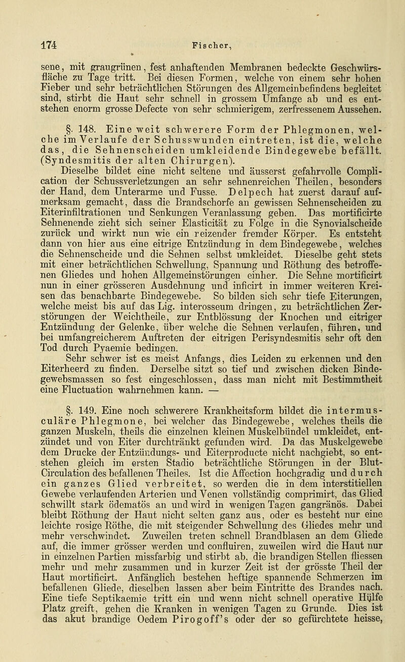 sene, mit graugrünen, fest anhaftenden Membranen bedeckte Grescbwürs- fläche zu Tage tritt. Bei diesen Formen, welche von einem sehr hohen Fieber und sehr beträchtlichen Störungen des Allgemeinbefindens begleitet sind, stirbt die Haut sehr schnell in grossem Umfange ab und es ent- stehen enorm grosse Defecte von sehr schmierigem, zerfressenem Aussehen. §. 148. Eine weit schwerere Form der Phlegmonen, wel- che imVerlaufe der Schusswunden eintreten, ist die, welche das, die Sehnenscheiden umkleidende Bindegewebe befällt. (Syndesmitis der alten Chirurgen). _ Dieselbe bildet eine nicht seltene und äusserst gefahrvolle Compli- cation der Schussverletzungen an sehr sehnenreichen Theilen, besonders der Hand, dem Unterarme und Fusse. Delpech hat zuerst darauf auf- merksam gemacht, dass die Brandschorfe an gewissen Sehnenscheiden zu Eiterinfiltrationen und Senkungen Veranlassung geben. Das mortificirte Sehnenende zieht sich seiner Elasticität zu Folge in die Synovialscheide zurück und wirkt nun wie ein reizender fremder Körper. Es entsteht dann von hier aus eine eitrige Entzündung in dem Bindegewebe, welches die Sehnenscheide und die Sehnen selbst umkleidet. Dieselbe geht stets mit einer beträchtlichen Schwellung, Spannung und Röthung des betroffe- nen Gliedes und hohen Allgemeinstörungen einher. Die Sehne mortificirt nun in einer grösseren Ausdehnung und inficirt in immer weiteren Krei- sen das benachbarte Bindegewebe. So bilden sich sehr tiefe Eiterungen, welche meist bis auf das Lig. interosseum dringen, zu beträchtlichen Zer- störungen der Weichtheile, zur Entblössung der Knochen und eitriger Entzündung der Gelenke, über welche die Sehnen verlaufen, führen, und bei umfangreicherem Auftreten der eitrigen Perisyndesmitis sehr oft den Tod durch Pyaemie bedingen. Sehr schwer ist es meist Anfangs, dies Leiden zu erkennen und den Eiterheerd zu finden. Derselbe sitzt so tief und zwischen dicken Binde- gewebsmassen so fest eingeschlossen, dass man nicht mit Bestimmtheit eine Fluctuation wahrnehmen kann. — §. 149. Eine noch schwerere Krankheitsform bildet die intermus- culäre Phlegmone, bei welcher das Bindegewebe, welches theils die ganzen Muskeln, theils die einzelnen kleinen Muskelbündel umkleidet, ent- zündet und von Eiter durchtränkt gefunden wird. Da das Muskelgewebe dem Drucke der Entzüiidungs- und Eiterproducte nicht nachgiebt, so ent- stehen gleich im ersten Stadio beträchtliche Störungen in der Blut- Circulation des befallenen Theiles. Ist die Afi'ection hochgradig und durch ein ganzes Glied verbreitet, so werden die in dem interstitiellen Gewebe verlaufenden Arterien und Venen vollständig comprimirt, das Glied schwillt stark ödematös an und wird in wenigen Tagen gangränös. Dabei bleibt Röthung der Haut nicht selten ganz aus, oder es besteht nur eine leichte rosige Röthe, die mit steigender Schwellung des Gliedes mehr und mehr verschwindet. Zuweilen treten schnell Brandblasen an dem Gliede auf, die immer grösser werden und confluiren, zuweilen wird die Haut nur in einzelnen Partien missfarbig und stirbt ab, die brandigen Stellen fliessen mehr und mehr zusammen und in kurzer Zeit ist der grösste Theil der Haut mortificirt. Anfänglich bestehen heftige spannende Schmerzen im befallenen Gliede, dieselben lassen aber beim Eintritte des Brandes nach. Eine tiefe Septikaemie tritt ein und wenn nicht schnell operative Hijlfe Platz greift, gehen die Kranken in wenigen Tagen zu Grunde. Dies ist das akut brandige Oedem Pirogoff's oder der so gefürchtete heisse,