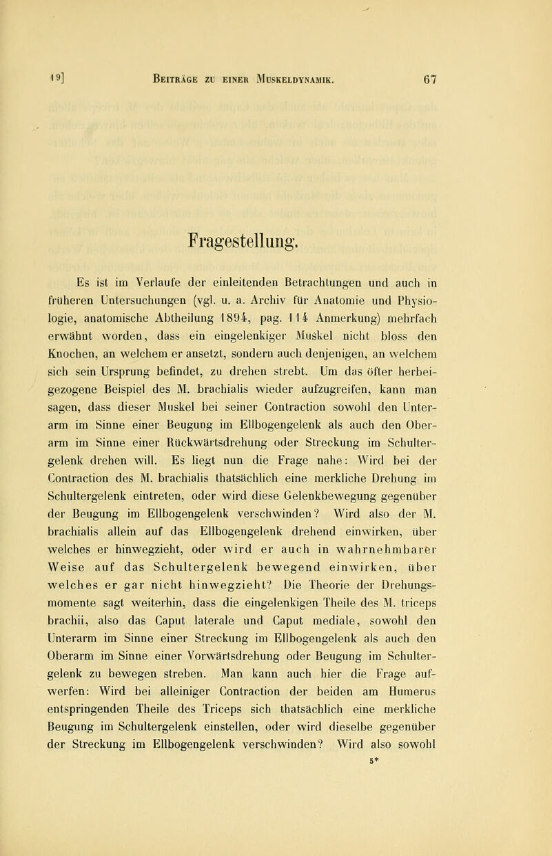 Fragestellung. Es ist im Verlaufe der einleitenden Betrachtungen und auch in früheren Untersuchungen (vgl. u. a. Archiv für Anatomie und Physio- logie, anatomische Abtheilung 1894, pag. 114 Anmerkung) mehrfach erwähnt worden, dass ein eingelenkiger Muskel nicht bloss den Knochen, an welchem er ansetzt, sondern auch denjenigen, an welchem sich sein Ursprung befindet, zu drehen strebt. Um das öfter herbei- gezogene Beispiel des M. brachialis wieder aufzugreifen, kann man sagen, dass dieser Muskel bei seiner Contraction sowohl den Unter- arm im Sinne einer Beugung im Ellbogengelenk als auch den Ober- arm im Sinne einer Rückwärtsdrehung oder Streckung im Schulter- gelenk drehen will. Es liegt nun die Frage nahe: Wird bei der Contraction des M. brachialis thatsächlich eine merkliche Drehung im Schultergelenk eintreten, oder wird diese Gelenkbewegung gegenüber der Beugung im Ellbogengelenk verschwinden? Wird also der M. brachialis allein auf das Ellbogengelenk drehend einwirken, über welches er hinwegzieht, oder wird er auch in wahrnehmbarer Weise auf das Schultergelenk bewegend einwirken, über welches er gar nicht hinwegzieht? Die Theorie der Drehungs- momente sagt weiterhin, dass die eingelenkigen Theile des M. triceps brachii, also das Caput laterale und Caput mediale, sowohl den Unterarm im Sinne einer Streckung im Ellbogengelenk als auch den Oberarm im Sinne einer Vorwärtsdrehung oder Beugung im Schulter- gelenk zu bewegen streben. Man kann auch hier die Frage auf- werfen: Wird bei alleiniger Contraction der beiden am Humerus entspringenden Theile des Triceps sich thatsächlich eine merkUche Beugung im Schultergelenk einstellen, oder wird dieselbe gegenüber der Streckung im Ellbogengelenk verschwinden? Wird also sowohl 5*
