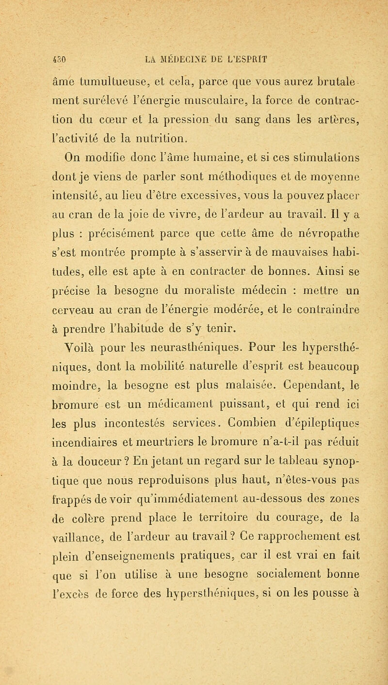 âme tumultueuse, et cela, parce que vous aurez brutale- ment surélevé l'énergie musculaire, la force de contrac- tion du cœur et la pression du sang- dans les artères, l'activité de la nutrition. On modifie donc l'âme humaine, et si ces stimulations dont je viens de parler sont méthodiques et de moyenne intensité, au lieu d'être excessives, vous la pouvez placer au cran de la joie de vivre, de l'ardeur au travail. Il y a plus : précisément parce que cette âme de névropathe s'est montrée prompte à s'asservir à de mauvaises habi- tudes, elle est apte à en contracter de bonnes. Ainsi se précise la besogne du moraliste médecin : mettre un cerveau au cran de l'énergie modérée, et le contraindre à prendre l'habitude de s'y tenir. Yoilà pour les neurasthéniques. Pour les hypersthé- niques, dont la mobilité naturelle d'esprit est beaucoup moindre, la besogne est plus malaisée. Cependant, le bromure est un médicament puissant, et qui rend ici les plus incontestés services. Combien d'épileptiques incendiaires et meurtriers le bromure n'a-t-il pas réduit à la douceur ? En jetant un regard sur le tableau synop- tique que nous reproduisons plus haut, n'êtes-vous pas frappés de voir qu'immédiatement au-dessous des zones de colère prend place le territoire du courage, de la vaillance, de l'ardeur au travail? Ce rapprochement est plein d'enseignements pratiques, car il est vrai en fait que si l'on utihse à une besogne socialement bonne l'excès de force des hypersthéniques, si on les pousse à