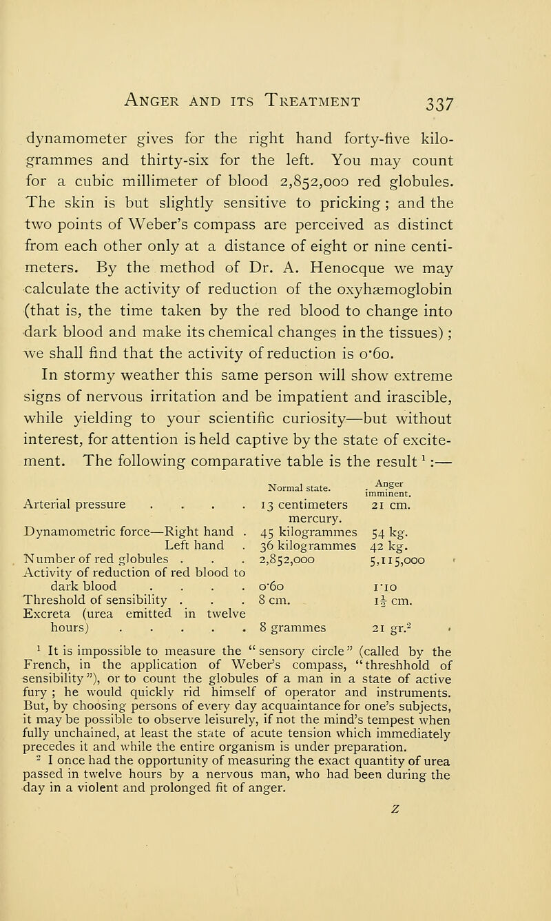 dynamometer gives for the right hand forty-five kilo- grammes and thirty-six for the left. You may count for a cubic millimeter of blood 2,852,000 red globules. The skin is but slightly sensitive to pricking; and the two points of Weber's compass are perceived as distinct from each other only at a distance of eight or nine centi- meters. By the method of Dr. A. Henocque we may calculate the activity of reduction of the oxyhemoglobin (that is, the time taken by the red blood to change into -dark blood and make its chemical changes in the tissues); we shall find that the activity of reduction is o'6o. In stormy weather this same person will show extreme signs of nervous irritation and be impatient and irascible, while yielding to your scientific curiosity—but without interest, for attention is held captive by the state of excite- ment. The following comparative table is the result':— Arterial pressure .... Dynamometric force—Right hand . Left hand Number of red globules . Activity of reduction of red blood to dark blood .... Threshold of sensibility . Excreta (urea emitted in twelve hours) 1 It is impossible to measure the sensory circle (called by the French, in the application of Weber's compass, threshhold of sensibility ), or to count the globules of a man in a state of active fury ; he would quickly rid himself of operator and instruments. But, by choosing persons of every day acquaintance for one's subjects, it may be possible to observe leisurely, if not the mind's tempest when fully unchained, at least the state of acute tension which immediately precedes it and while the entire organism is under preparation. 2 I once had the opportunity of measuring the exact quantity of urea passed in twelve hours by a nervous man, who had been during the day in a violent and prolonged fit of anger. Normal state. Anger imminent. 13 centimeters 21 cm. mercury. 45 kilogrammes 54 kg. 36 kilogrammes 42 kg. 2,852,000 5,115,000 o6o no 8 cm. if- cm. 8 grammes 21 gr.2