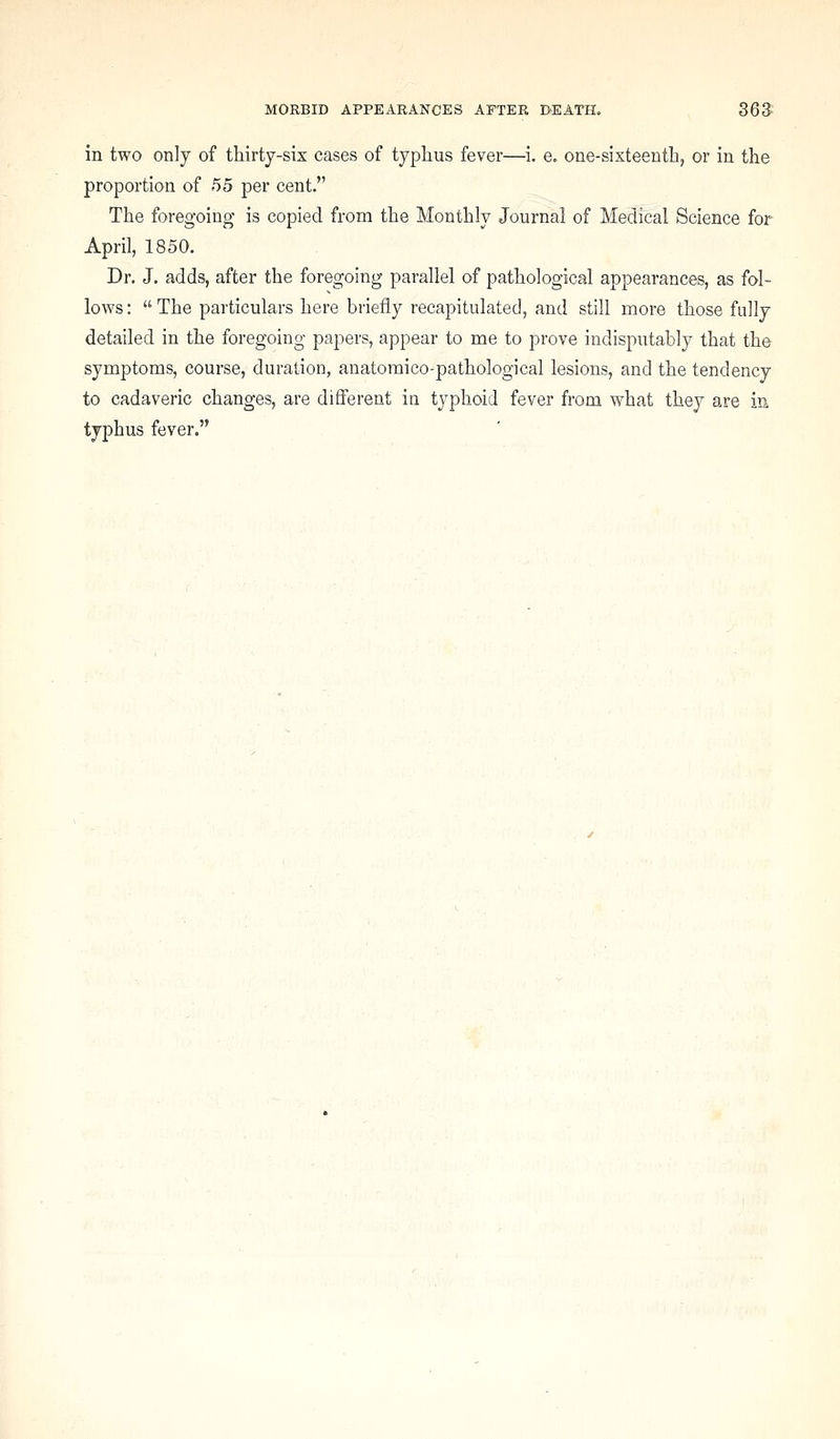 in two only of thirty-six cases of typlius fever—i. e. one-sixteenth, or in the proportion of 55 per cent. The foregoing is copied from the Monthly Journal of Medical Science for April, 1850. Dr. J. adds, after the foregoing parallel of pathological appearances, as fol- lows :  The particulars here briefly recapitulated, and still more those fully detailed in the foregoing papers, appear to me to prove indisputably that the symptoms, course, duration, anatomico-pathological lesions, and the tendency to cadaveric changes, are different in typhoid fever from what they are in typhus fever.