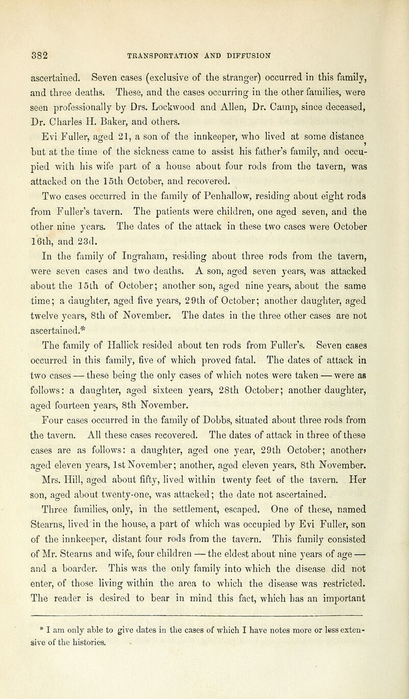 ascertained. Seven cases (exclusive of the stranger) occurred in this family, and three deaths. These, and the cases occuri'ing in the other famiHes, were seen professionally by Drs. Lockwood and Allen, Dr. Camp, since deceased, Dr. Charles H. Baker, and others. Evi Fuller, aged 21, a son of the innkeeper, who lived at some distance but at the time of the sickness came to assist his father's family, and occu- pied with his wife part of a house about four rods from the tavern, was attacked on the 15th October, and recovered. Two cases occurred in the family of Penhallow, residing about eight rods from Fuller's tavern. The patients were children, one aged seven, and the other nine years. The dates of the attack in these two cases were October 16th, and 23d. In the family of Ingraham, residing about three rods from the tavern, were seven cases and two deaths. A son, aged seven years, was attacked about the 15th of October; another son, aged nine years, about the same time; a daughter, aged five years, 2 9th of October; another daughter, aged twelve years, 8th of November. The dates in the three other cases are not ascertained.* The family of Hallick resided about ten rods from Fuller's. Seven cases occurred in this family, five of which proved fatal. The dates of attack in two cases — these being the only cases of which notes were taken — were as follows: a daughter, aged sixteen years, 28th October; another daughter, aged fourteen years, 8th November. Four cases occurred in the family of Dobbs, situated about three rods from the tavern. All these cases recovered. The dates of attack in three of these cases are as follows: a daughter, aged one year, 29th October; another* aged eleven years, 1st November; another, aged eleven years, 8th November. Mrs. Hill, aged about fifty, lived within twenty feet of the tavern. Her son, aged about twenty-one, was attacked; the date not ascertained. Three families, only, in the settlement, escaped. One of these, named Stearns, lived in the house, a part of which was occupied by Evi Fuller, son of the innkeeper, distant four rods from the tavern. This farailj'- consisted of Mr. Stearns and wife, four children — the eldest about nine years of age — and a boarder. This was the only family into which the disease did not enter, of those living within the area to which the disease was restricted. The reader is desired to bear in mind this fact, which has an important * I am only able to give dates in the cases of which I have notes more or less exten- sive of the histories.