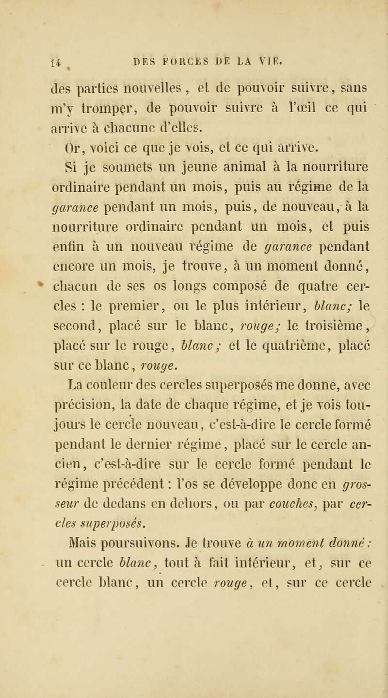 des parties nouvelles , et de pouvoir suivre, sans m'y tromper, de pouvoir suivre à l'œil ce qui arrive à chacune d'elles. Or, voici ce que je vois, et ce qui arrive. Si je soumets un jeune animal à la nourriture ordinaire pendant un mois, puis au régime de la garance pendant un mois, puis, de nouveau, à la nourriture ordinaire pendant un mois, et puis enfin à un nouveau régime de garance pendant encore un mois, je trouve, à un moment donné, chacun de ses os longs composé de quatre cer- cles : le premier, ou le plus intérieur, blanc; le second, placé sur le blanc, rouge; le troisième, placé sur le rouge, blanc ; et le quatrième, placé sur ce blanc, rouge. La couleur des cercles superposés me donne, avec précision, la date de chaque régime, et je vois tou- jours le cercle nouveau, c'est-à-dire le cercle formé pendant le dernier régime, placé sur le cercle an- cien, c'est-à-dire sur le cercle formé pendant le régime précédent : l'os se développe donc en gros- seur de dedans en dehors, ou par couches, par cer- cles superposés. Mais poursuivons. Je trouve à un moment donné : un cercle blanc, tout à fait intérieur, et, sur ce cercle blanc, un cercle rouge, et, sur ce cercle