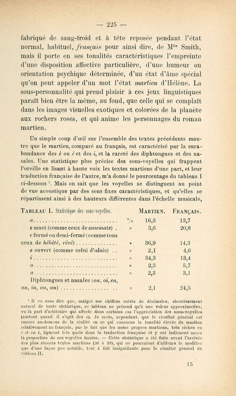 fabriqué de saug-troid et à tête reposée pendant l'état normal, habituel, français pour ainsi dire, de M^ Smith, mais il porte en ses tonalités caractéristiques l'empreinte d'une disposition affective particulière, d'une humeur ou orientation psychique déterminée, d'un état d'âme spécial qu'on peut appeler d'un mot l'état martien d'Hélène. La sous-personnahté qui prend plaisir à ces jeux hnguistiques paraît bien être la même, au fond, que celle qui se complaît dans les images visuelles exotiques et colorées de la planète aux rochers roses, et qui anime les personnages du roman martien. Un simple coup d'œil sur l'ensemble des textes précédents mon- tre que le raartien, comparé au français, est caractérisé par la sura- bondance des é ou e et des i, et la rareté des diphtongues et des na- sales. Une statistique plus précise des sons-voyelles qui frappent l'oreille en lisant à haute voix les textes martiens d'une part, et leur traduction française de l'autre, m'a donné le pourcentage du tableau I ci-dessous \ Mais on sait que les voyelles se distinguent au point de vue acoustique par des sons fixes caractéristiques, et qu'elles se répartissent ainsi à des hauteurs différentes dans l'échelle musicale, Tableau I. Statistique des sons-voyelles. Martien. Français. a 7o 16,3 13,7 e muet (comme ceux de casemate) . » 3,6 20,8 e fermé ou demi-fermé ( comme tous ceux de hébété, rêvé) > 36,9 14,3 e ouvert (comme celui d'aZoès) . . » 2,1 4,6 *■ » 34,3 13,4 0 » 2,3 5,7 u » 2,3 3,1 Diphtongues et nasales [ou, oi, eu, an, in, on, un) » 2,1 24,5 ' n va sans dire que, malgré ses chiffres suivis de décimales, aboutissement naturel de toute statistique, ce tableau ne prétend qu'à une valeur approximative, vu la part d'arbitraire qui affecte dans certains L-as l'appréciation des sons-voyelles (surtout quand il s'agit des e). Je crois, cependant, que le résultat général est encore au-dessous de la réalité en ce qui concerne la tonalité élevée du martien relativement au français, par le fait que les noms propres martiens, très riches en « et en i, tignrent tels quels dans la traduction française et y ont indûment accru la proportion de ces voyelles hautes. — Cette statistique a été faite avant l'arrivée des plus récents textes martiens (36 à 39), qui ne pourraient d'ailleurs la moditior que d'une façon peu notable, tout à fait insignifiante pour le résultat général du tableau IL 15