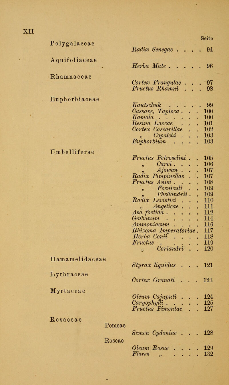 Seite Polygalaceae Radix Senegae . . . . 94 Aquifoliaceae - Herba Mate . . . . . 96 Rhamnaceae Cortex Frangulae . . . 97 Fructus Rhamni . . . 98 Euphorbiaceae Kautschuk . . . . . 99 Cassave, Tapioca. . 100 Kamala .... . 100 Resina Laccae . 101 Cortex CascariUae . 102 „ Copalchi . . 103 Euphorbium . . . . 103 TJmbelliferae Fructus Fetroselini . 105 „ Carvi . . . 106 Äjowan . . 107 Radix Pimpinellae . 107 Fructus Anisi . . . . 108 „ Foeniculi . 109 „ Phellandrii . . 109 Radix Levistici . . . 110 ' „ Angelicae . . 111 Asa foetida . . . . 112 Galbanum . . . . IM Ammoniacum . . . 116 Rhizoma Imperatoriae. 117 FLerba Conii . . . . 118 Fructus „ . . . 119 „ Coriandri . . 120 Hamamelidaceae Styrax liquidus . . 121 Lythraceae Cortex Granati . . . 123 Myrtaceae Oleum Cajuputi . . 124 Caryophylli . . . . 125 Fructus Fimentae . 127 Hosaceae Pomeae Semen Cydoniae . . 128 Eoseae Oleum Rosae . . . 129 Flores ,, . . . 132