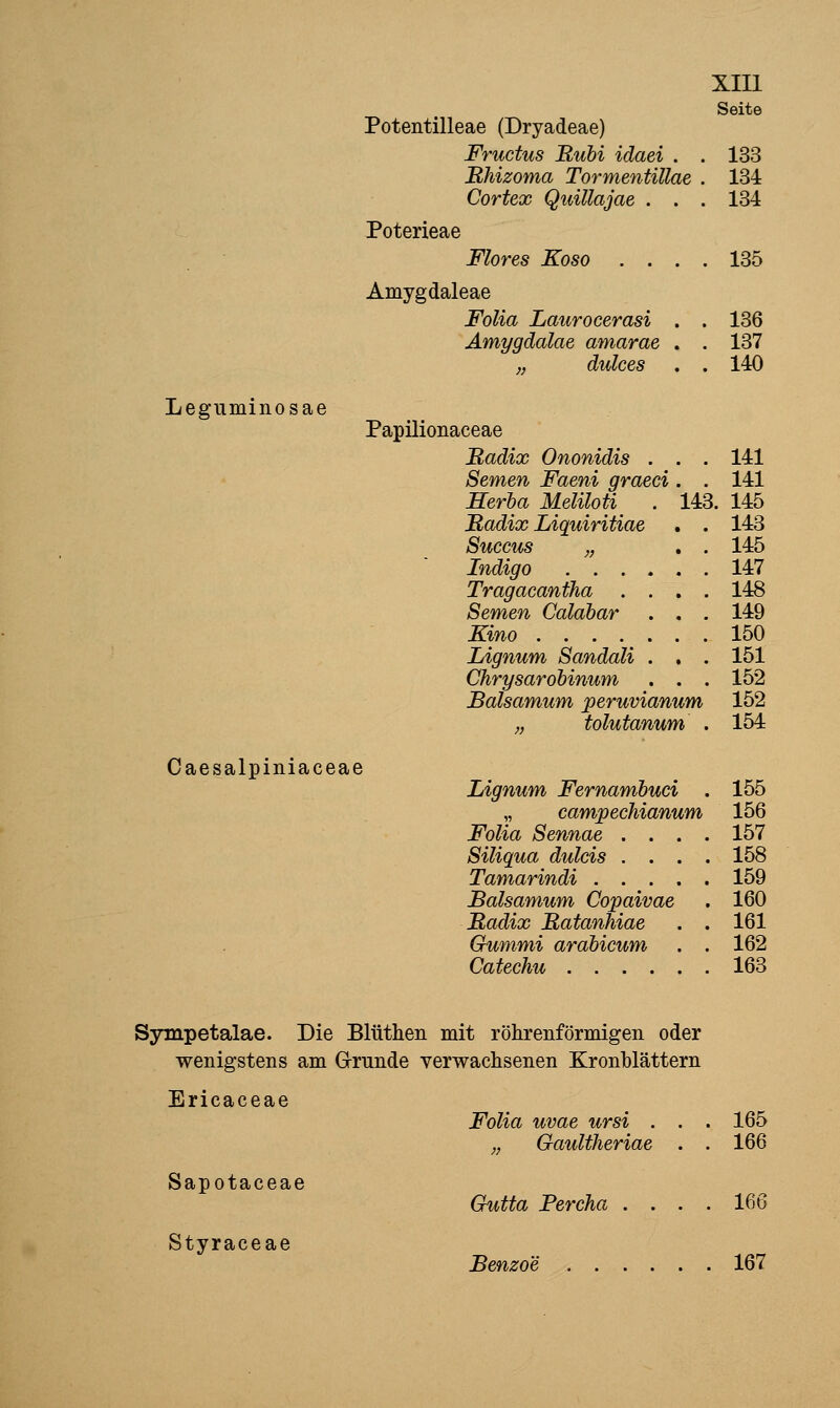 Potentilleae (Dryadeae) Seite Fructus Ruhi idaei . . 133 Bhizoma TormentiUae . 134 Cortex Quillajae . . . 134 Poterieae Flores Koso .... 135 Amygdaleae Folia Laurocerasi . . 136 Amygdalae amarae . . 137 „ dulces . . 140 Leguminosae Papilionaceae Radix Ononidis . . . 141 Semen Faeni graeci . 141 Serha Meliloti . 143. 145 Radix Liquiritiae . . 143 Succus „ . . 145 Indigo 147 Tragacantha . . . 148 Semen Calabar . . . 149 Kino 150 Lignum Sandali . . 151 ChrysaroUnum . . 152 Balsamum peruvianum 152 „ tolutanum 154 Caesalpiniaceae Lignum Fernambuci 155 „ campechianum 156 Folia Sennae . . . 157 Siliqua dulcis . . . 158 Tamarindi .... 159 Balsamum Copaivae 160 Radix Ratanhiae 161 Gummi arabicum 162 Catechu 163 Sympetalae. Die Blüthen mit röhrenförmigen oder wenigstens am Grunde verwachsenen Kronhlättern Ericaceae Folia uvae ursi . . . 165 „ Gaultheriae . . 166 Sapotaceae Gutta Percha .... 166 Styraceae Benzoe 167