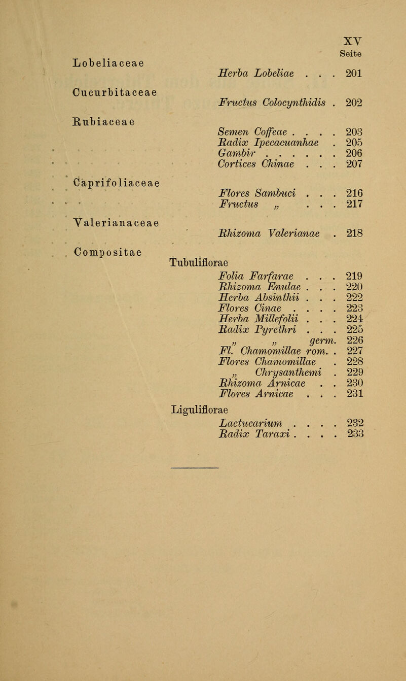 XY Lobeliaceae Herba Lobeliae . . Seite . 201 Cucurbitaceae Fructus Colocynthidis . 202 Eubiaceae Semen Co/feae . . . Eaclix Ipecacuanhae Gambir Cortices Chinae . . . 203 . 205 . 206 . 207 Cäprifoliaceae Flores Sambuci . . Fructus „ . . . 216 . 217 Yalerianaceae Bhizoma Yalerianae . 218 Compositae Tubuliflorae Folia Farfarae ... 219 Rhizoma Enulae . . . 220 Herba Äbsinthii . . . 222 Flores Cinae .... 223 Serba Millefolii ... 224 Radix Pyrethri . . . 225 ;; ,; gerM. 226 FL Chamomillae rom. . 227 Flores Chamomillae . 228 ;; Chrysanthemi . 229 Rhizoma Arnicae . . 230 Flores Arnicae . . . 231 Liguliflorae Lactucarium .... 232 Radix Taraxi .... 233