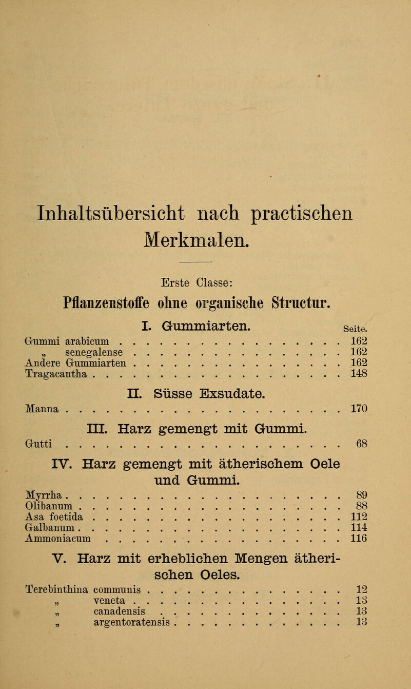 Inhaltsübersicht nach practischen Merkmalen. Erste Classe: Pflanzenstoffe ohne organische Structur. I. Gummiarten. seite. Gummi arabicum 162 „ senegalense 162 Andere Gummiarten 162 Tragacantha 148 IL Süsse Exsudate. Manna 170 III. Harz gemengt mit Gummi. Gutti 68 IV. Harz gemengt mit ätherischem Oele und Gummi. Myrrha. 89 Olibanum 88 Asa foetida 112 Galbanum 114 Ammoniacum 116 V. Harz mit erheblichen Mengen ätheri- schen Oeles. TerebintMna communis 12 „ veneta 13 „ canadensis . 13 „ argentoratensis 13