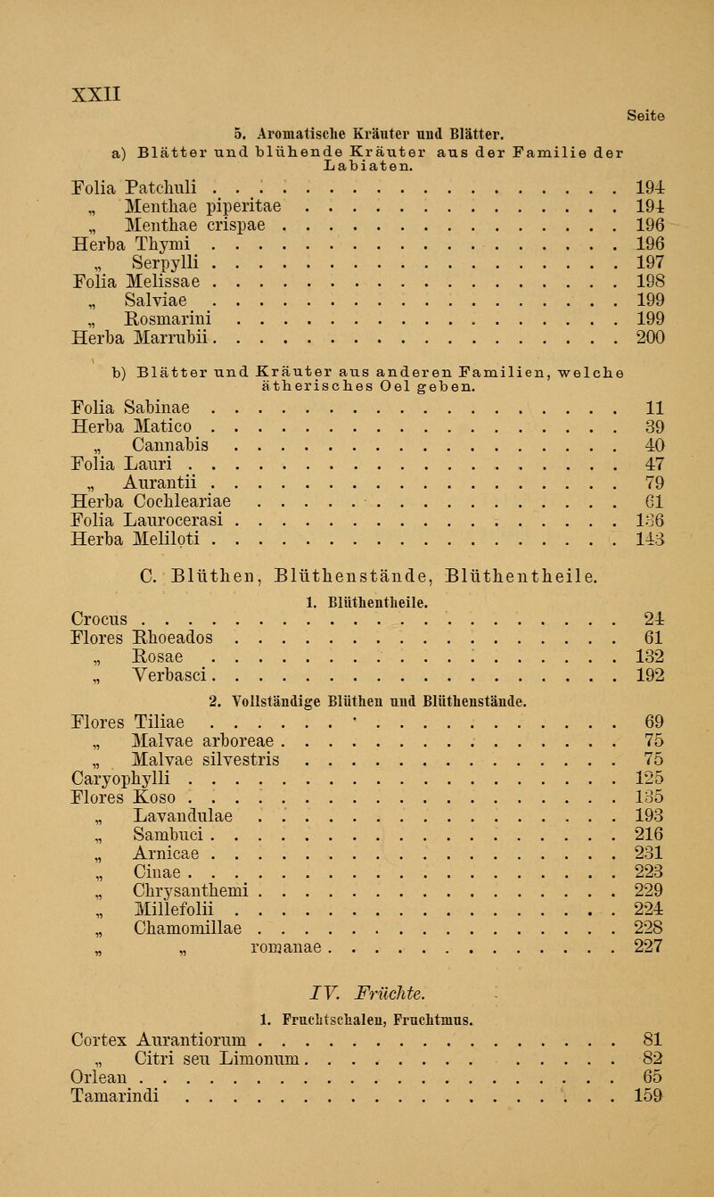 Seite 5. Aromatische Kräuter und Blätter. a) Blätter und blühende Kräuter aus der Familie der Labiaten. Folia Patclmli 194 „ JVIeiithae piperitae 194: Menthae crispae 196 Herba Thymi 196 „ Serpylli 197 Folia Melissae 198 „ Salviae 199 „ Rosmarini 199 Herba Marrubii 200 b) Blätter und Kräuter aus anderen Familien, welche ätherisches Oel geben. Folia Sabinae 11 Herba Matico 39 „ Cannabis 40 Folia Lauri 47 „ Anrantii 79 Herba Cochleariae • 61 Folia Laurocerasi 186 Herba Meliloti 143 C. Blütheii, Blüthenstände, Blütheiitheile. 1. Blüthentlieile. Crocns 24 Flores Rhoeados 61 Rosae 132 „ Yerbasci 192 2. Vollständige Blüthen und Blüthenstände. Flores Tiliae ' 69 „ Malvae arboreae 75 „ Malvae silvestris 75 Caryophylli 125 Flores Koso 135 „ Lavandulae . 193 „ Sambuci 216 „ Arnicae 231 Ciiiae 223 „ Chrysanthemi 229 „ Millefolii 224 „ Cbamomillae 228 „ „ romanae 227 IV. Früchte. 1. Fruchtschalen, Fruchtmus. Cortex Aurantiorum 81 „ Citri seil Limonnm 82 Orlean 65 Tamarindi 159