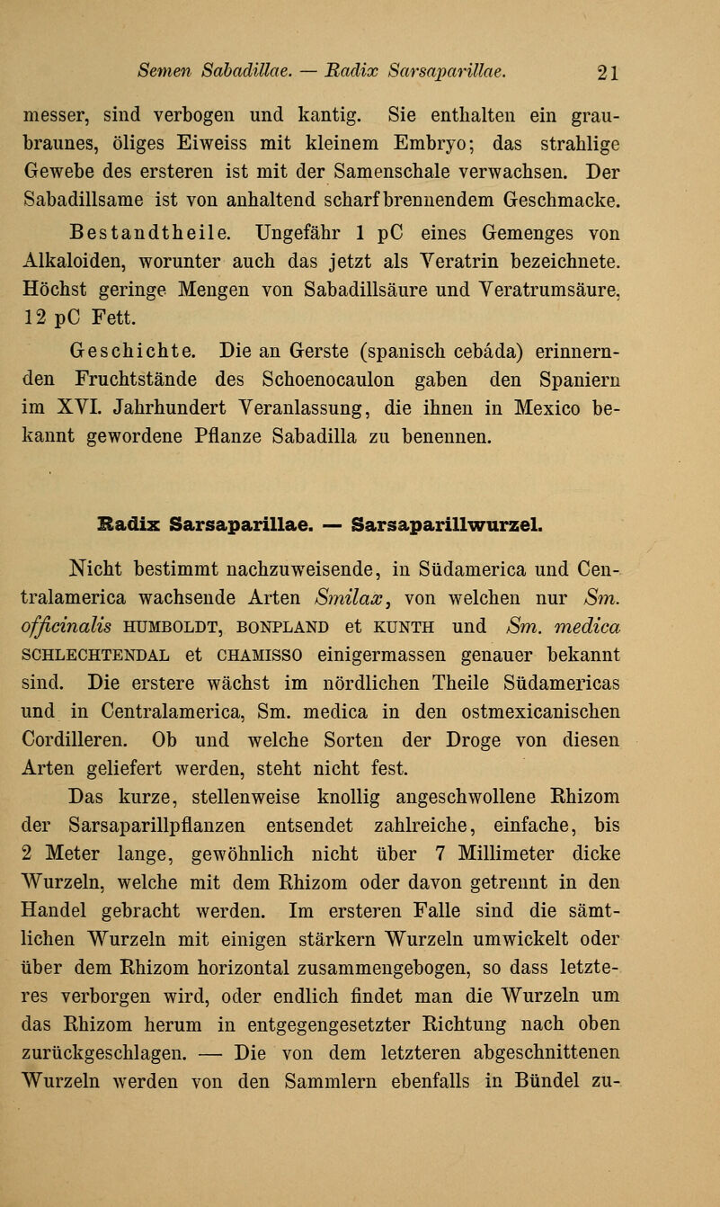 messer, sind verbogen und kantig. Sie enthalten ein grau- braunes, öliges Eiweiss mit kleinem Embryo; das strahlige Gewebe des ersteren ist mit der Samenschale verwachsen. Der Sabadillsame ist von anhaltend scharf brennendem Geschmacke. Bestandtheile. Ungefähr 1 pC eines Gemenges von Alkaloiden, worunter auch das jetzt als Yeratrin bezeichnete. Höchst geringe Mengen von Sabadillsäure und Yeratrumsäure, 12 pC Fett. Geschichte. Die an Gerste (spanisch cebäda) erinnern- den Fruchtstände des Schoenocaulon gaben den Spaniern im XYI. Jahrhundert Veranlassung, die ihnen in Mexico be- kannt gewordene Pflanze Sabadilla zu benennen. Badix Sarsaparillae. — Sarsaparillwurzel. Nicht bestimmt nachzuweisende, in Südamerica und Cen- tralamerica wachsende Arten Smilax, von welchen nur Sm. officinalis Humboldt, bonpland et kunth und Sm. medica SCHLECHTENDAL et CHAMisso cinigermassen genauer bekannt sind. Die erstere wächst im nördlichen Theile Südamericas und in Centralamerica, Sm. medica in den ostmexicanischen Cordilleren. Ob und welche Sorten der Droge von diesen Arten geliefert werden, steht nicht fest. Das kurze, stellenweise knollig angeschwollene Khizom der Sarsaparillpflanzen entsendet zahlreiche, einfache, bis 2 Meter lange, gewöhnlich nicht über 7 Millimeter dicke Wurzeln, welche mit dem Rhizom oder davon getrennt in den Handel gebracht werden. Im ersteren Falle sind die sämt- lichen Wurzeln mit einigen stärkern Wurzeln umwickelt oder über dem Ehizom horizontal zusammengebogen, so dass letzte- res verborgen wird, oder endlich findet man die Wurzeln um das Rhizom herum in entgegengesetzter Richtung nach oben zurückgeschlagen. — Die von dem letzteren abgeschnittenen Wurzeln werden von den Sammlern ebenfalls in Bündel zu-