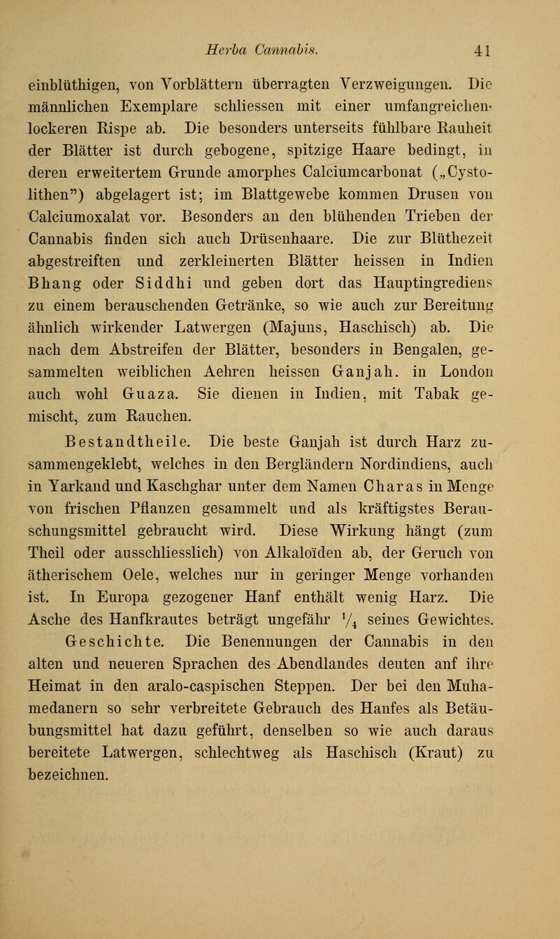 einblüthigen, von Vorblättern überragten Verzweigungen. Die männlichen Exemplare schliessen mit einer umfangreichen' lockeren Rispe ab. Die besonders unterseits fühlbare Rauheit der Blätter ist durch gebogene, spitzige Haare bedingt, in deren erweitertem Grunde amorphes Calciumcarbonat („Cysto- lithen) abgelagert ist; im Blattgewebe kommen Drusen von Calciumoxalat vor. Besonders an den blühenden Trieben der Cannabis finden sich auch Drüsenhaare. Die zur Blüthezeit abgestreiften und zerkleinerten Blätter heissen in Indien Bhang oder Siddhi und geben dort das Hauptingrediens zu einem berauschenden Getränke, so wie auch zur Bereitung ähnlich wirkender Latwergen (Majuns, Haschisch) ab. Die nach dem Abstreifen der Blätter, besonders in Bengalen, ge- sammelten weiblichen Aehren heissen Ganjah. in London auch wohl Guaza. Sie dienen in Li dien, mit Tabak ge- mischt, zum Rauchen. Bestandtheile. Die beste Ganjah ist durch Harz zu- sammengeklebt, welches in den Bergiändern Nordindiens, auch in Yarkand und Kaschghar unter dem Namen Charas in Menge von frischen Pflanzen gesammelt und als kräftigstes Berau- schungsmittel gebraucht wird. Diese Wirkung hängt (zum Theil oder ausschliesslich) von Alkaloiden ab, der Geruch von ätherischem Oele, welches nur in geringer Menge vorhanden ist. Li Europa gezogener Hanf enthält wenig Harz. Die Asche des Hanfkrautes beträgt ungefähr '/^ seines Gewichtes. Geschichte. Die Benennungen der Cannabis in den alten und neueren Sprachen des Abendlandes deuten auf ihre Heimat in den aralo-caspischen Steppen. Der bei den Muha- medanern so sehr verbreitete Gebrauch des Hanfes als Betäu- bungsmittel hat dazu geführt, denselben so wie auch daraus bereitete Latwergen, schlechtweg als Haschisch (Kraut) zu hezeichnen.
